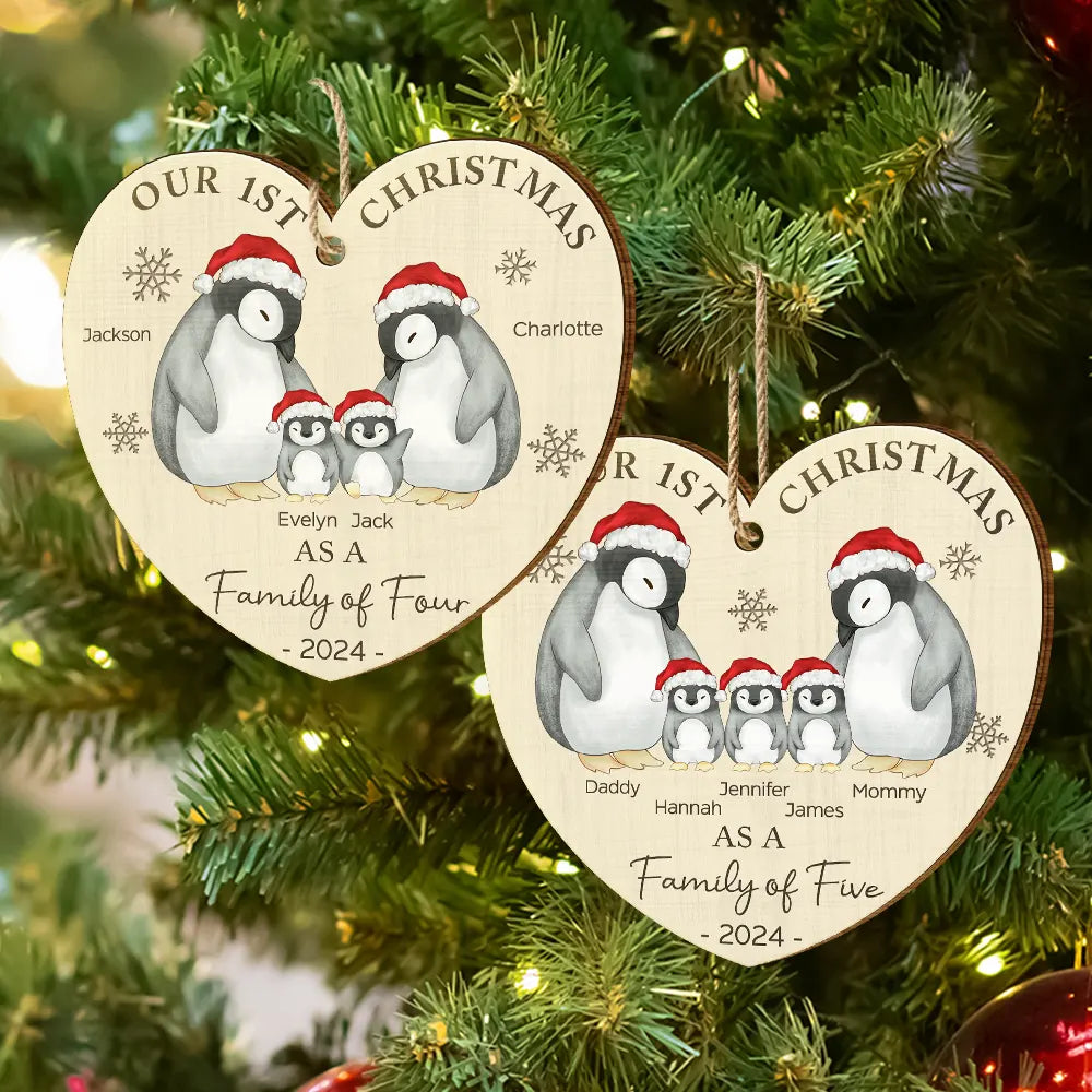 First Christmas As A Family Of Three Penguin - Personalized Custom Shaped Wooden Ornament ORNA1210