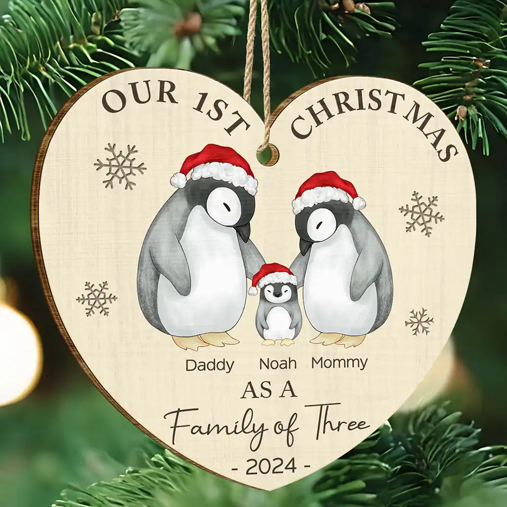 First Christmas As A Family Of Three Penguin - Personalized Custom Shaped Wooden Ornament ORNA1210