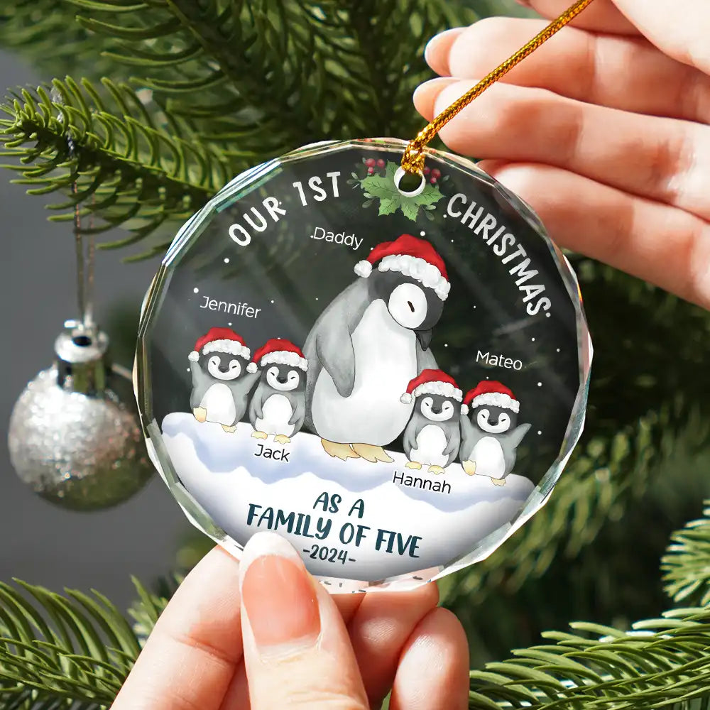 First Christmas As A Family Of Three Penguin - Personalized Circle Glass Ornament ORNA1210