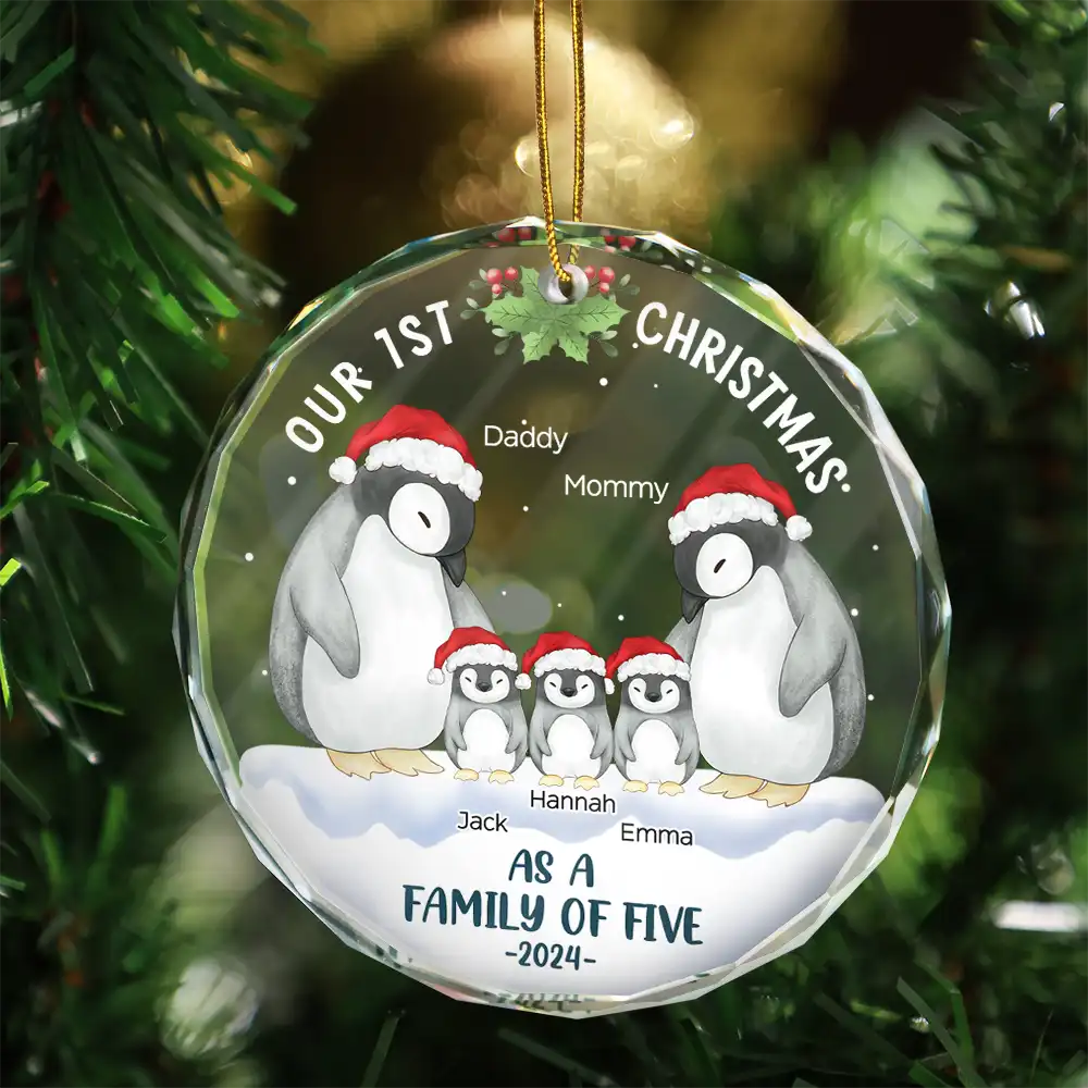 First Christmas As A Family Of Three Penguin - Personalized Circle Glass Ornament ORNA1210