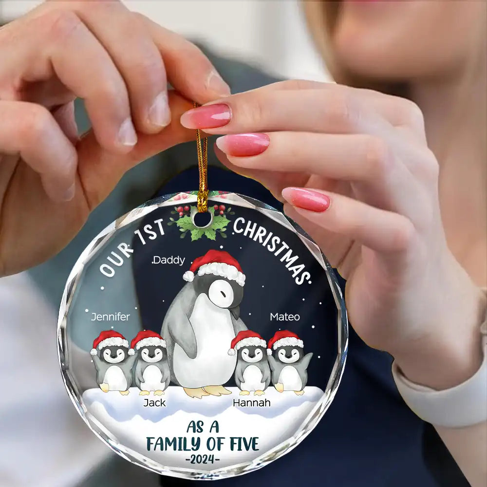 First Christmas As A Family Of Three Penguin - Personalized Circle Glass Ornament ORNA1210