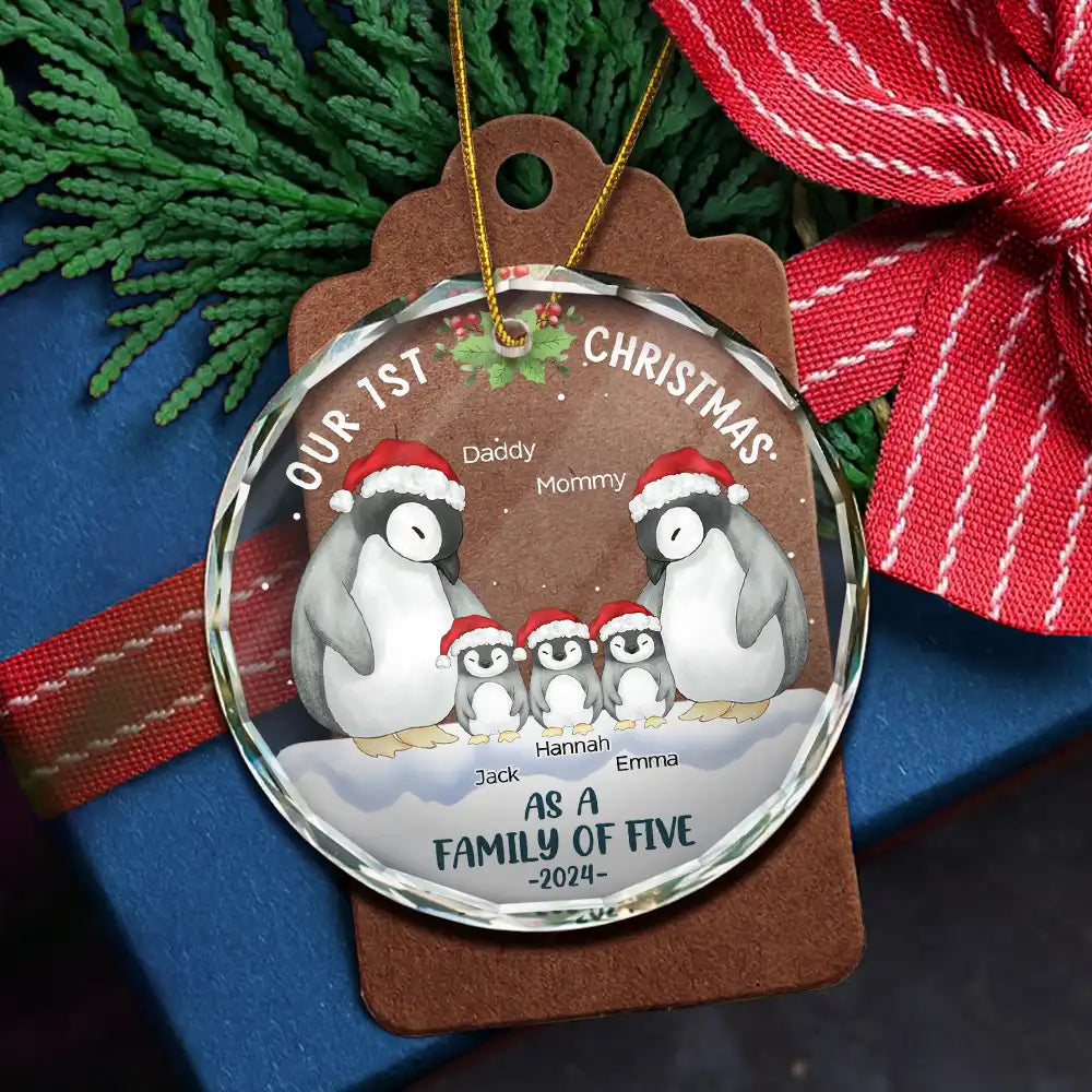 First Christmas As A Family Of Three Penguin - Personalized Circle Glass Ornament ORNA1210
