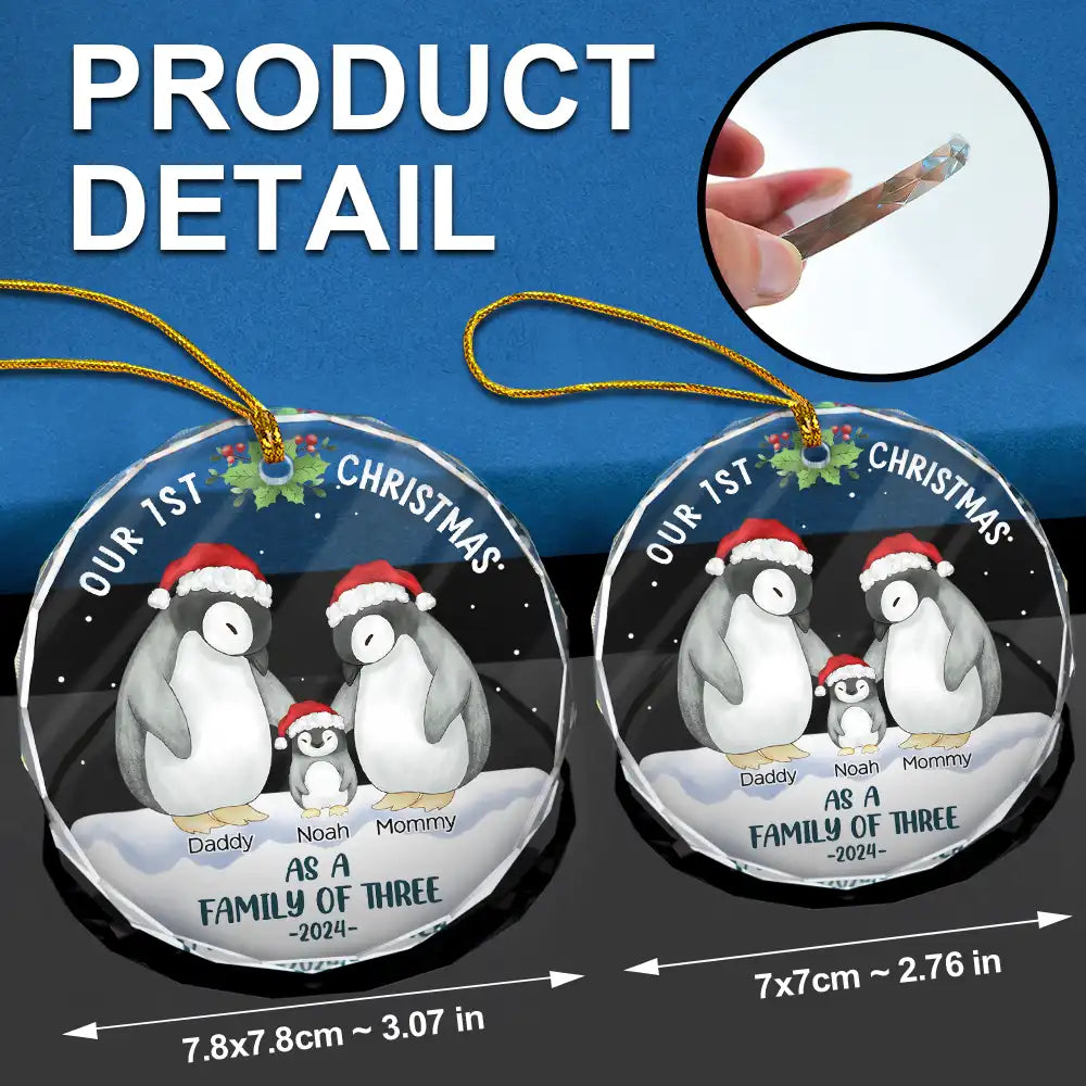 First Christmas As A Family Of Three Penguin - Personalized Circle Glass Ornament ORNA1210