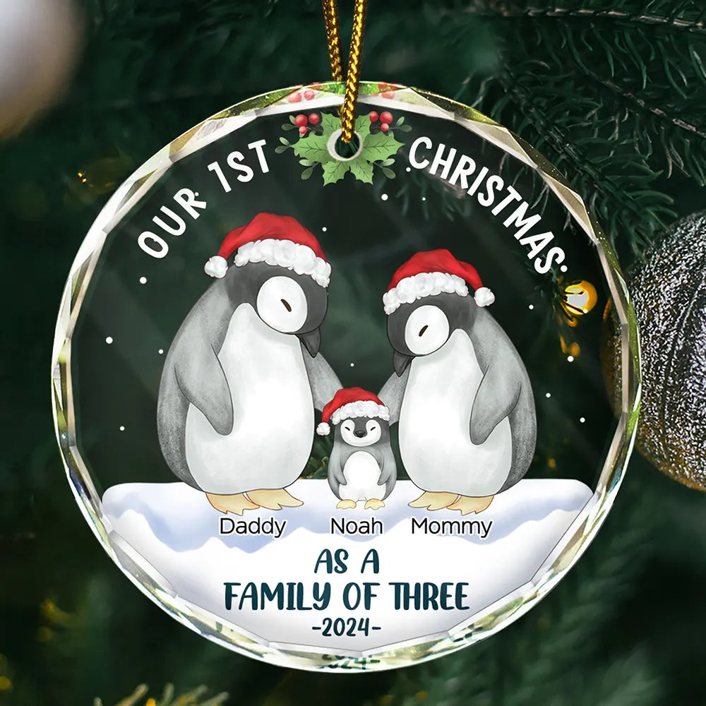 First Christmas As A Family Of Three Penguin - Personalized Circle Glass Ornament ORNA1210