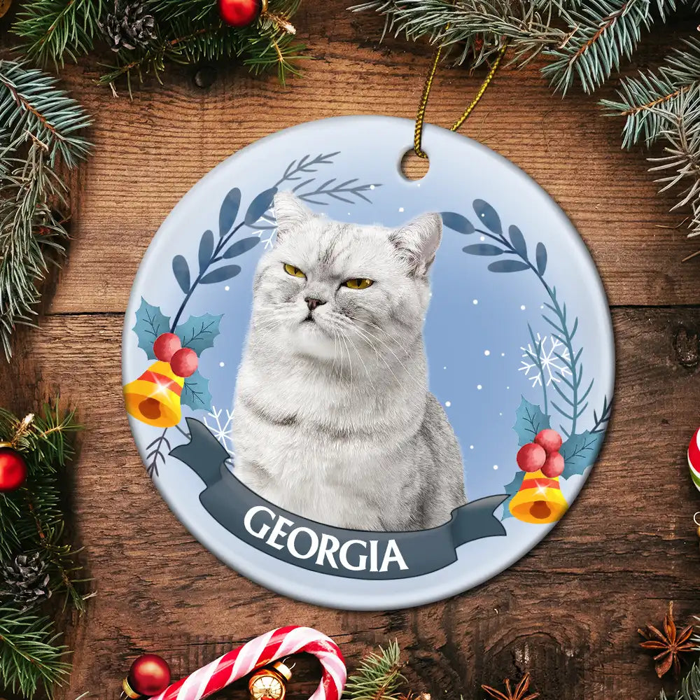 Custom Photo Pet Face Christmas Dog Cat - Personalized Circle Ceramic Ornament ORNA1210