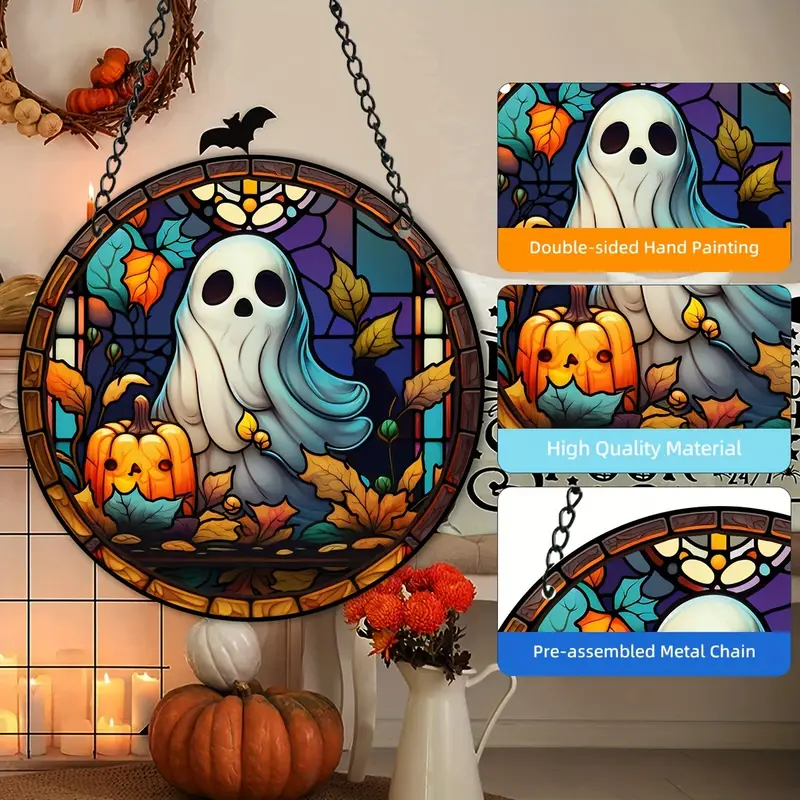 Festive Halloween Ghosts Window Hanging Suncatcher - 7.87inch, 3D Pattern Painted Plastic Panel Decor for Home, Gifts for Friends, Neighbors, Family, Holiday, Christmas, Halloween, Birthday ORHA2408