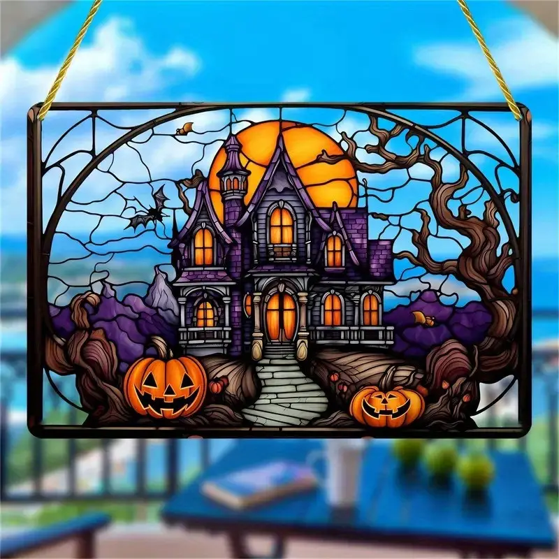 [Halloween] Halloween Horror Castle Pumpkin Translucent Suncatcher - Art Decor Style Acrylic Decorative Sign, Building Theme for Multipurpose Use - Ideal for Window, Porch, Wall, Home & Garden Decoration ORHA2408