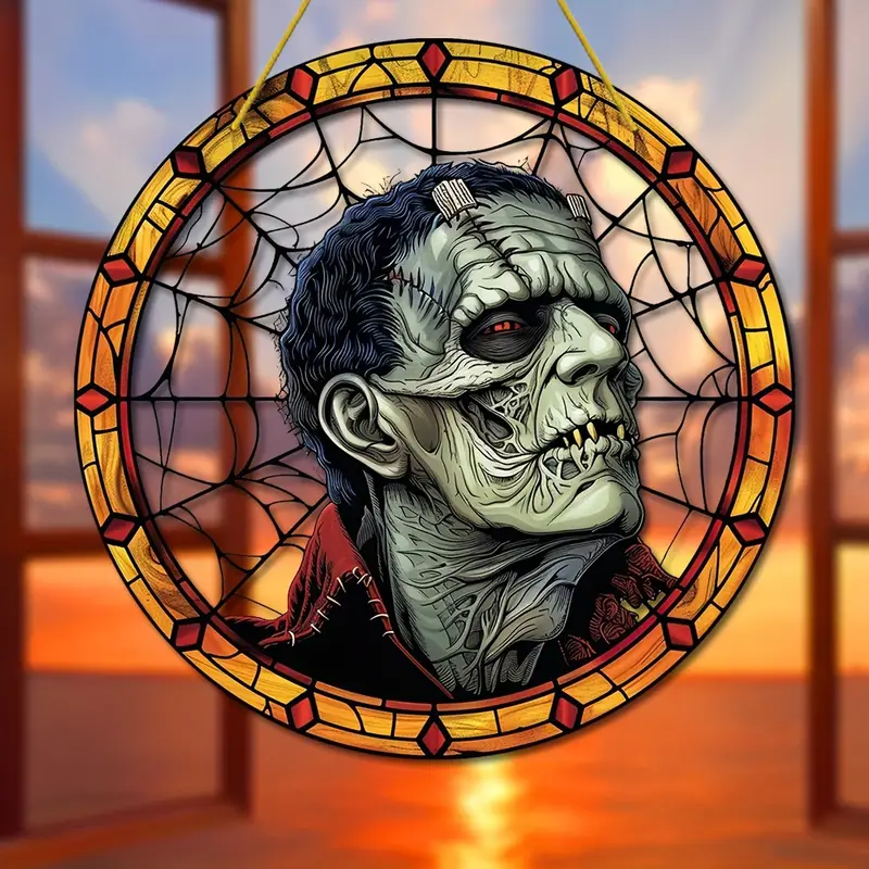 Vintage Frankenstein's Monster Acrylic Hanging Decor, 8 Stained Glass Style Sun Catcher, Gothic Home Decor, Window Mount, Multipurpose Weather-Resistant Indoor Decorative Sign, Ideal for Halloween & Hous ORHA2408