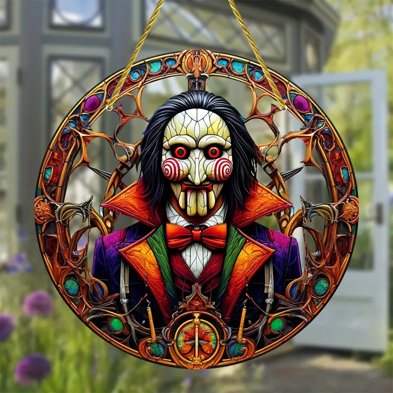 Saw Movie Character Stained Glass Suncatcher, Round Acrylic Hanging Window Decor, All-Season Porch Ornament, Home & Garden Accent, Birthday Gift for Horror Fans ORHA2408