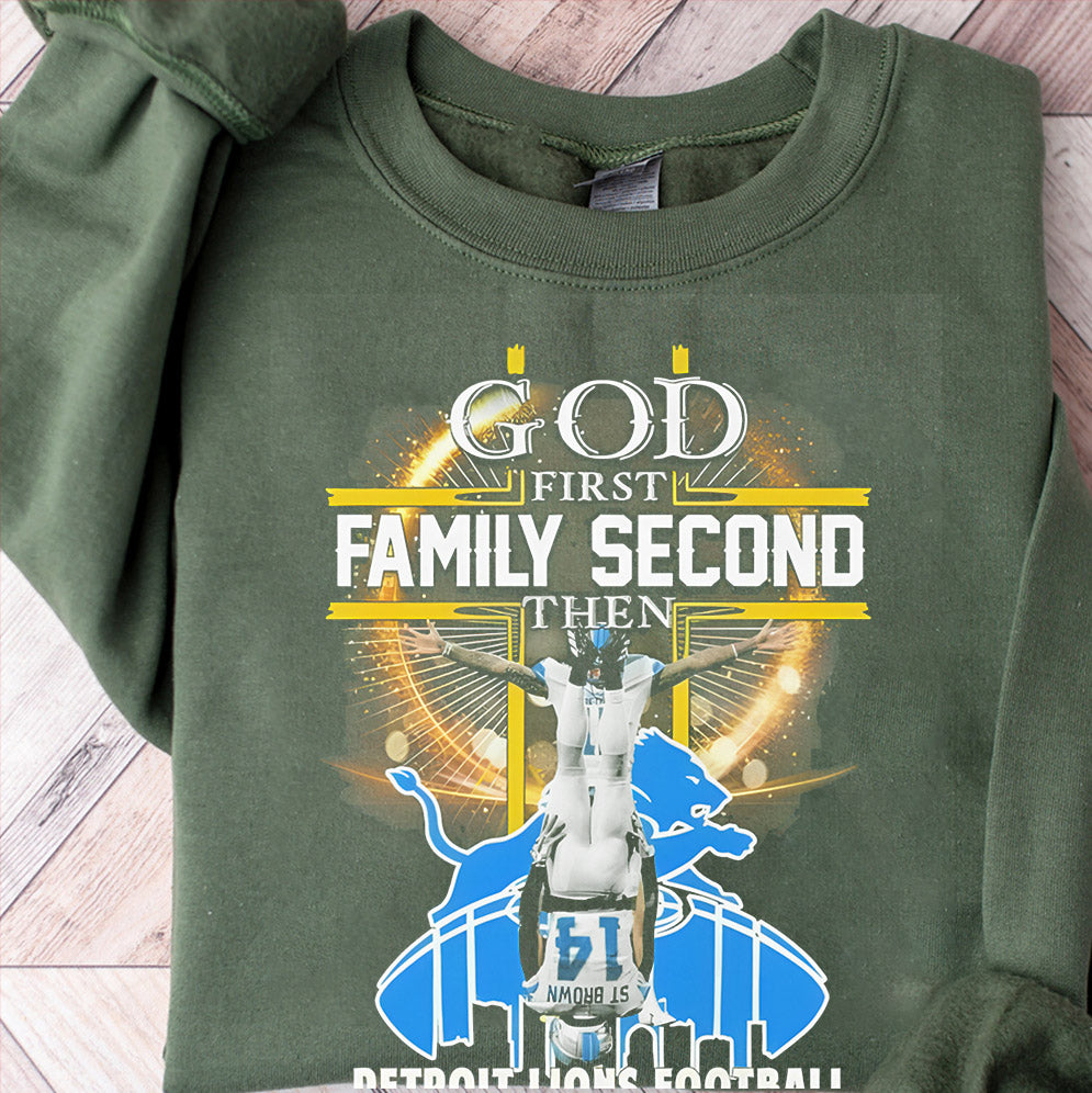 Amon-Ra St. Brown God First Family Second Then Detroit Lions Football Shirt, Perfect Gift for Lions Fans, Detroit Football