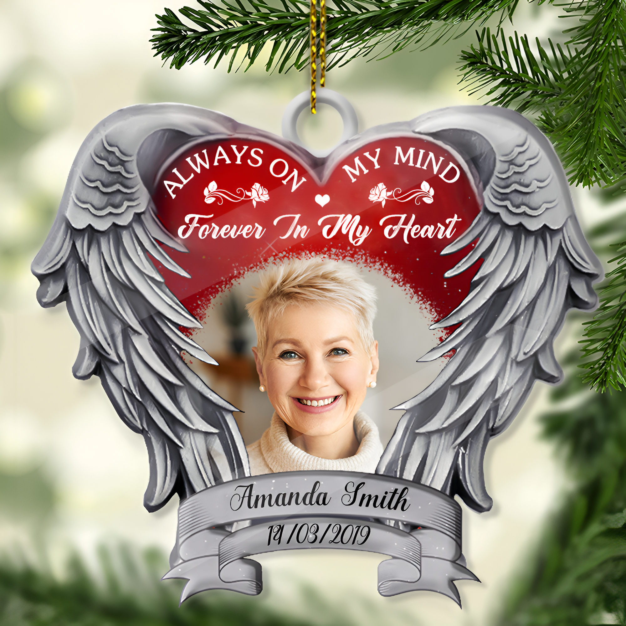 Angel Heart Wings Memorial Always On My Mind - Personalized Photo Custom Shape Ornament - Memorial ORN0110