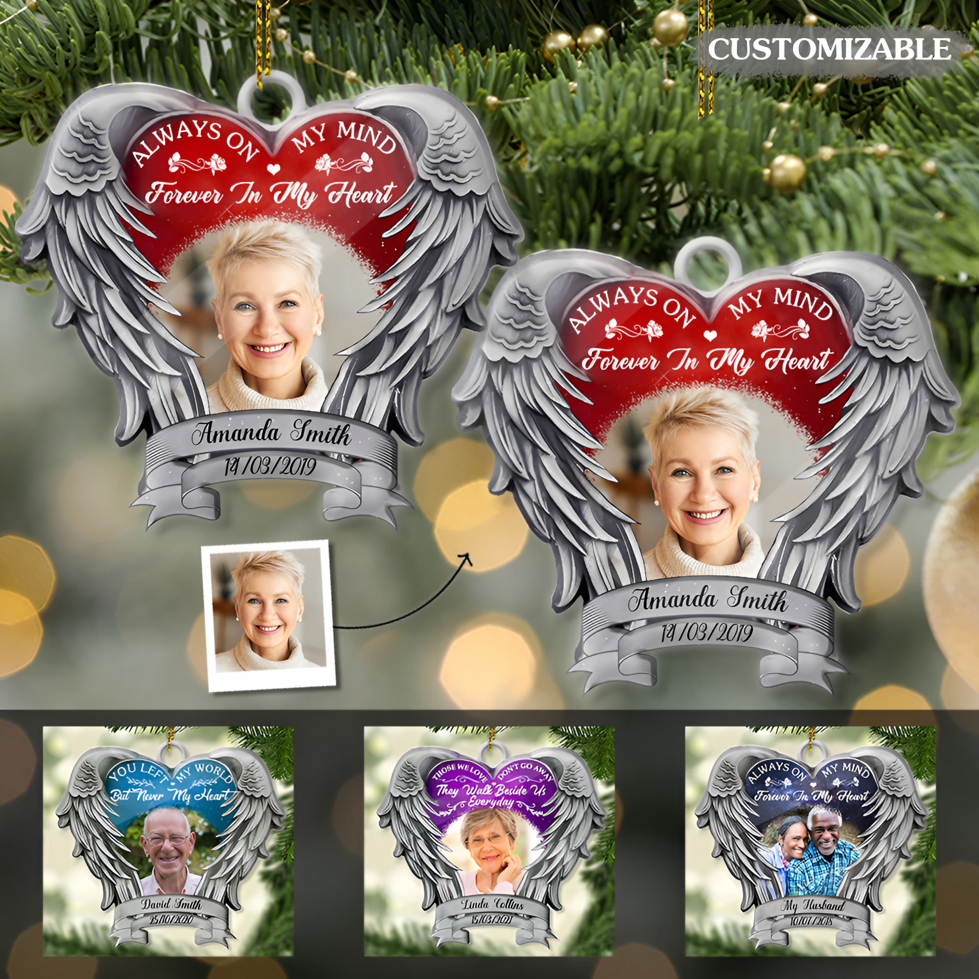 Angel Heart Wings Memorial Always On My Mind - Personalized Photo Custom Shape Ornament - Memorial ORN0110