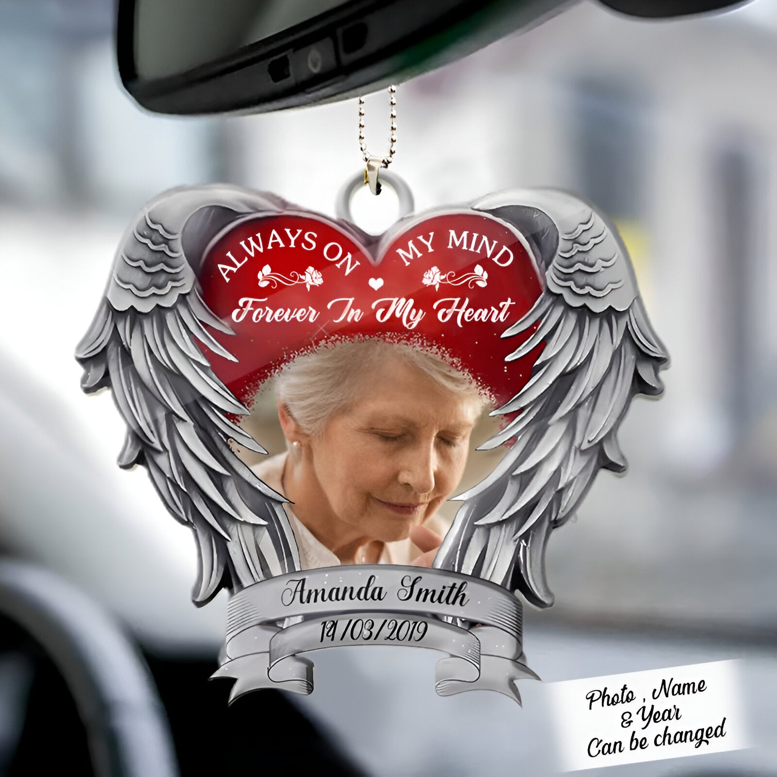 Angel Heart Wings Memorial Always On My Mind - Personalized Photo Custom Shape Ornament - Memorial ORN0110