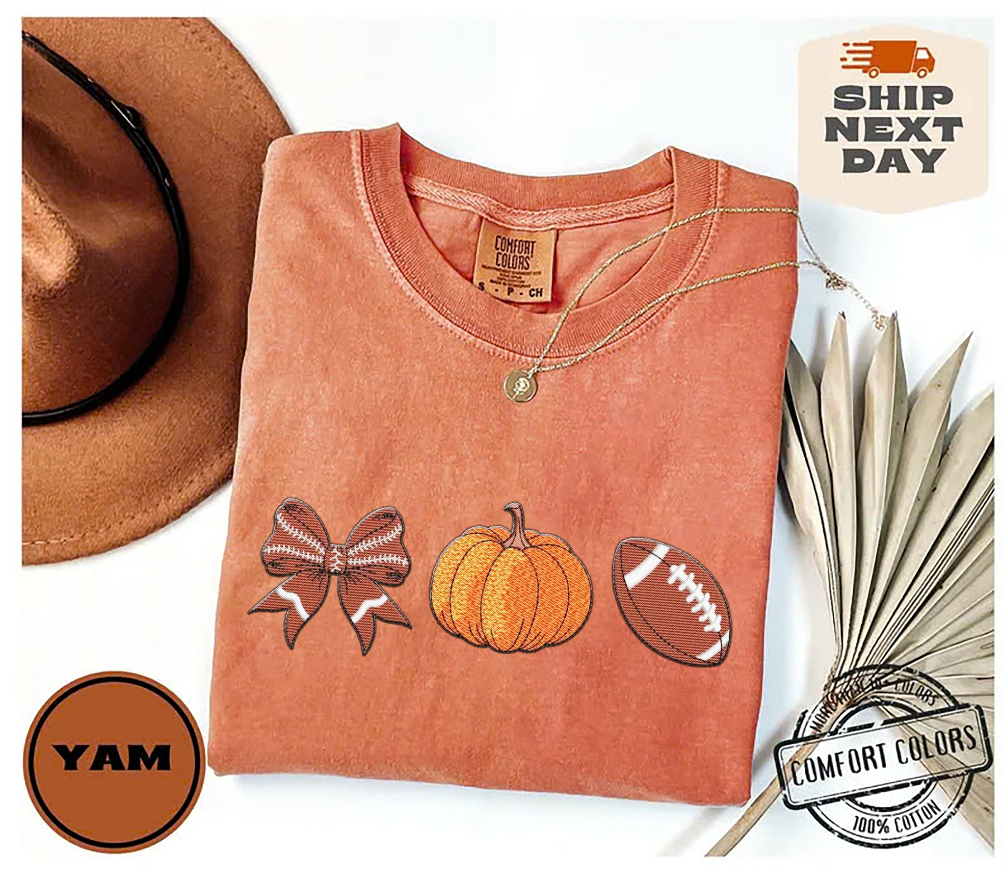 Pumpkin Football Embroidery Shirt,  Halloween Embroidery Shirt, Autumn Embroidery Shirt EMHA2708 01