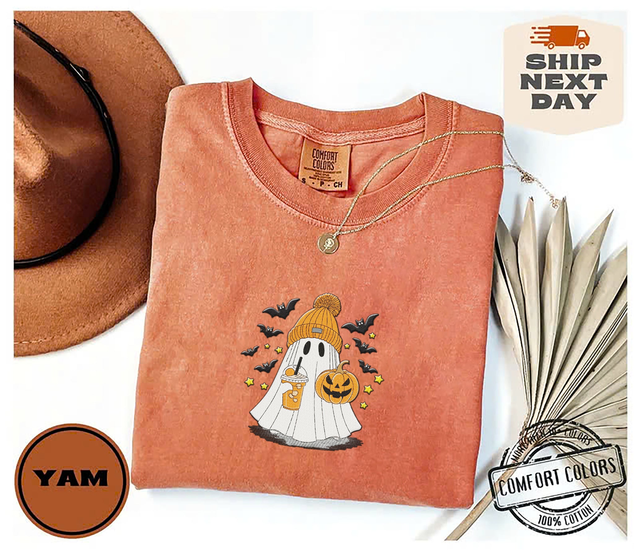 Ghost with coffee and pumpkin Shirt, Halloween Embroidery Shirt EMHA2708 05