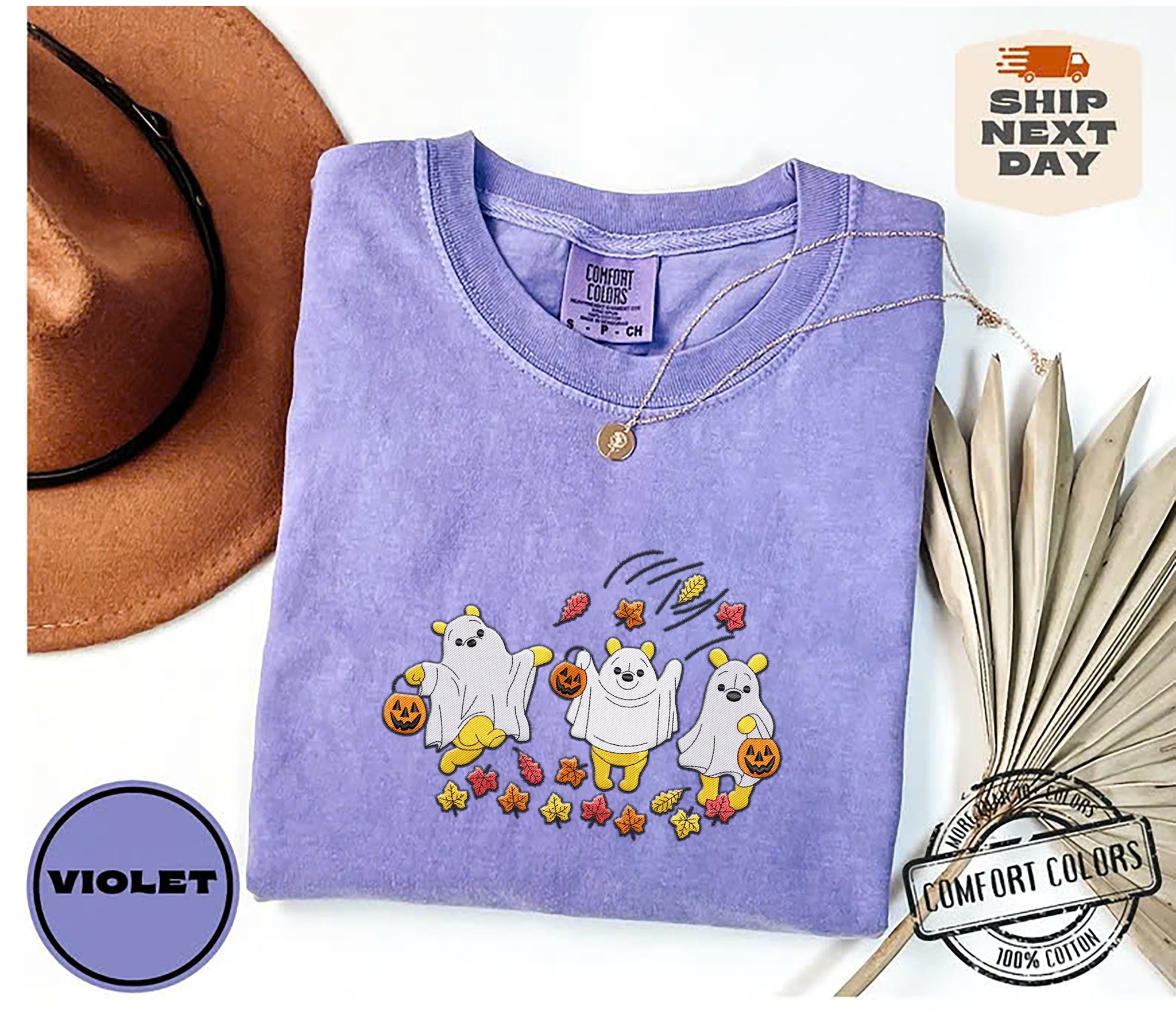 Retro Bear Ghost Embroidery Shirt, Pooh Ghost, Machine Embroidered, Autumn Leaves, Pooh Halloween Embroidery Shirt EMHA2708 04