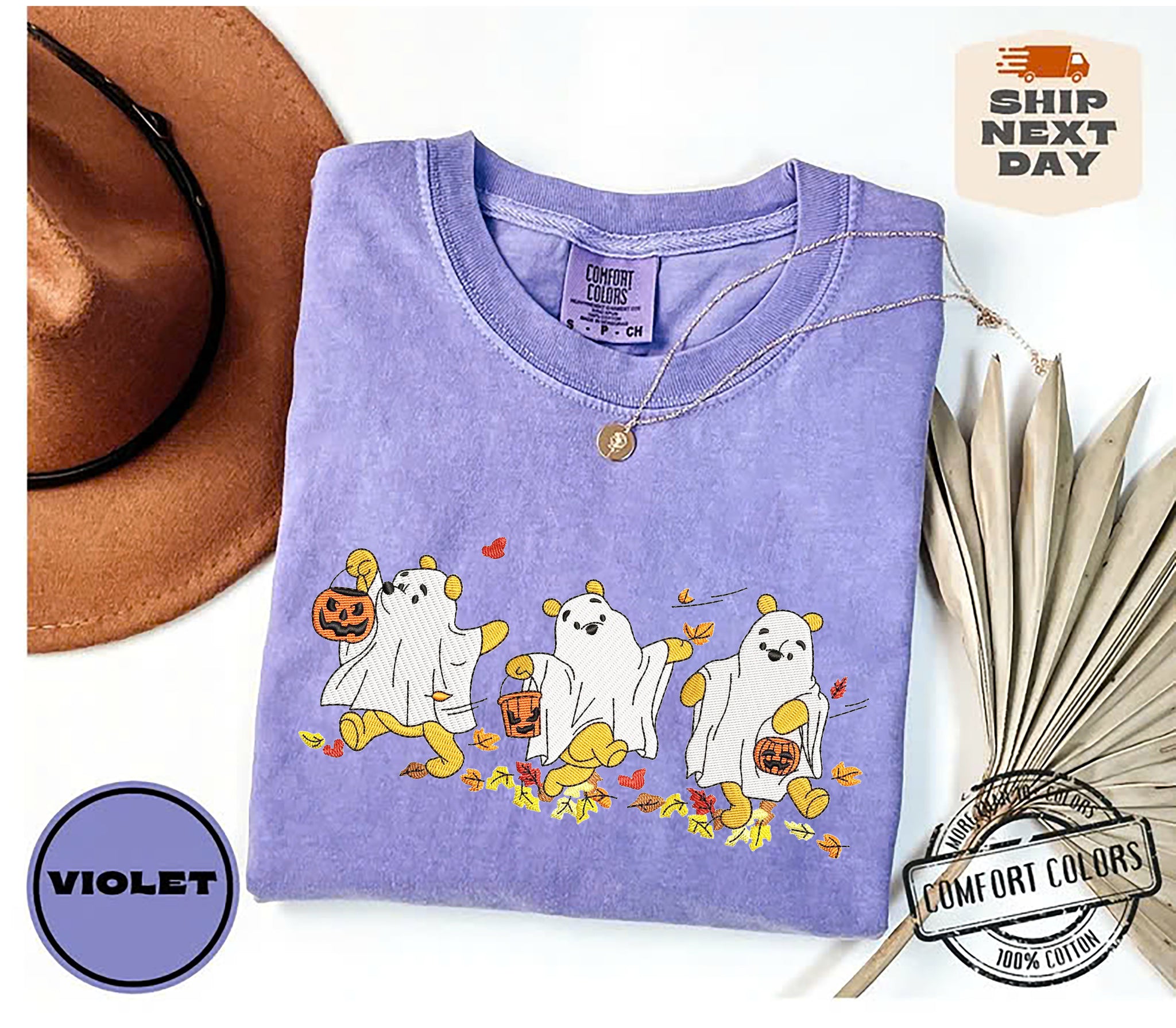 Halloween Ghost Bear Embroidery Shirt, Trick-or-Treat Leaves Embroidery Shirt EMHA2708 03