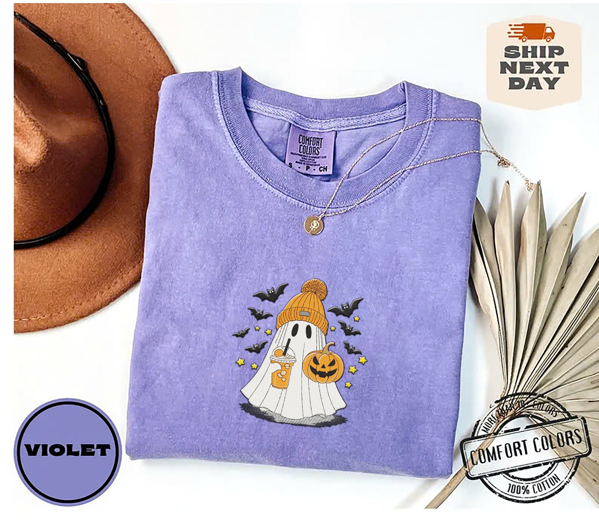 Ghost with coffee and pumpkin Shirt, Halloween Embroidery Shirt EMHA2708 05