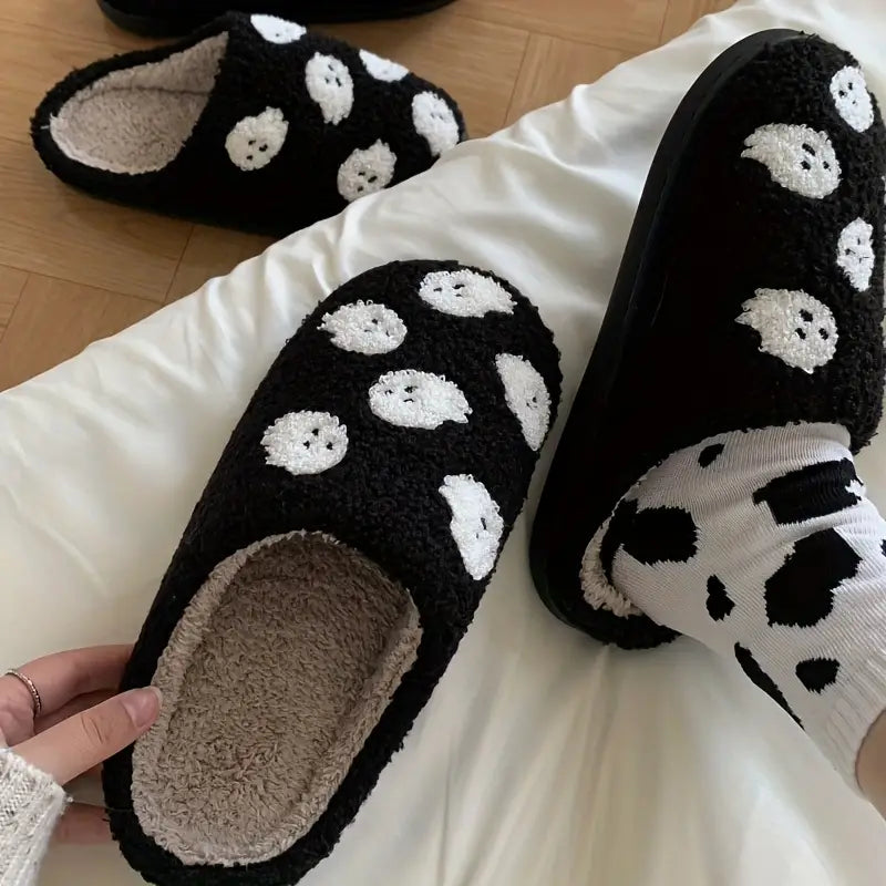 Halloween Ghost Pattern Slippers, Casual Slip On Plush Lined Shoes, Comfortable Indoor Home Slippers SL0808 02
