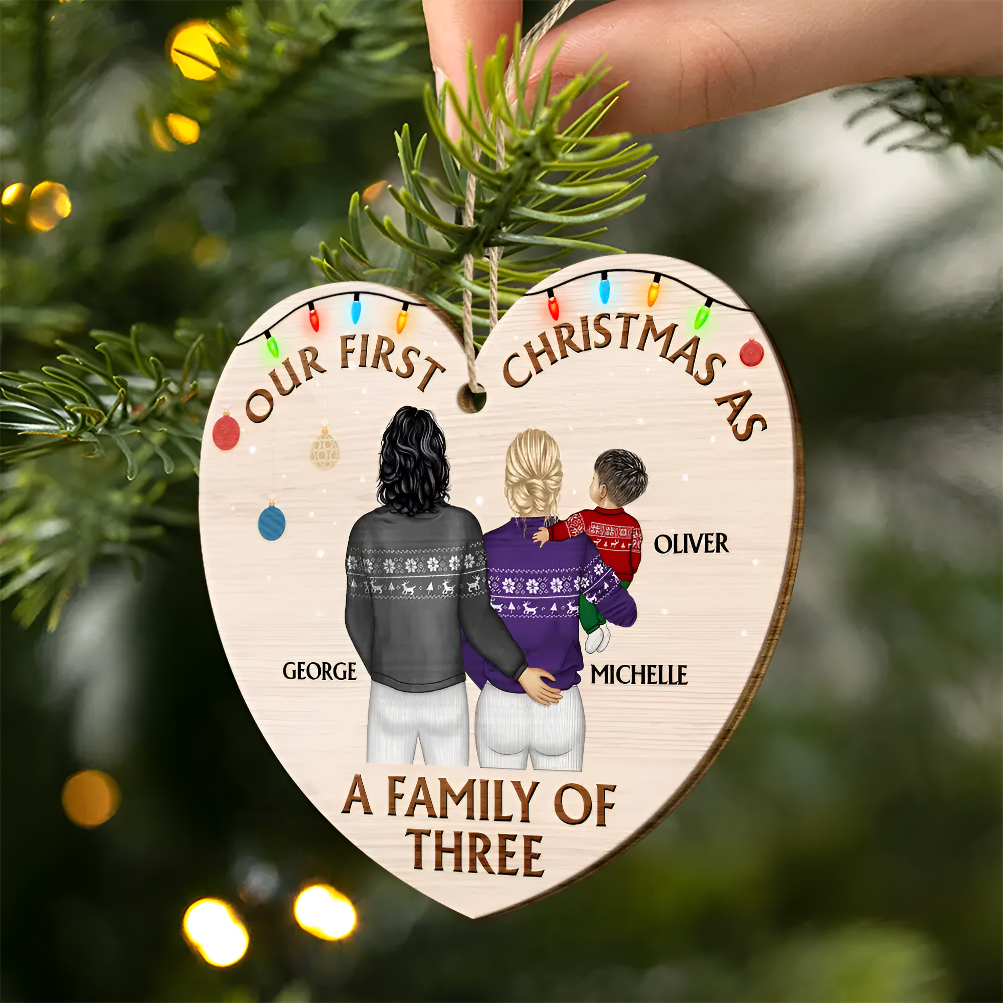 Back Family Our First Christmas As A Family Of Three - Personalized Custom Shaped Wooden Ornament ORN0210