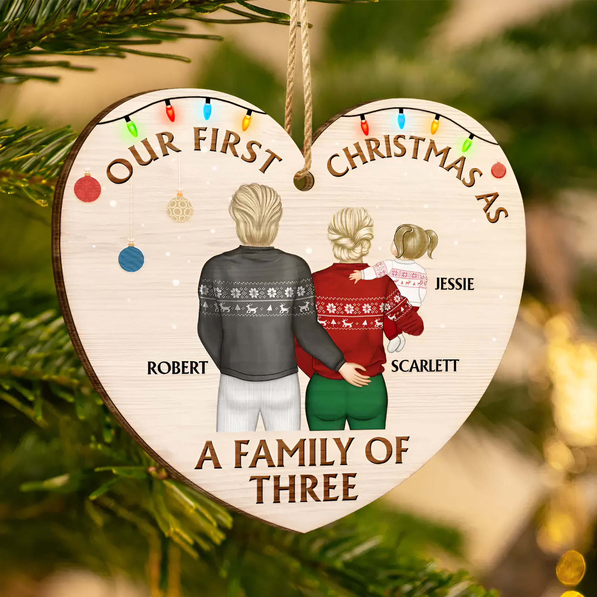 Back Family Our First Christmas As A Family Of Three - Personalized Custom Shaped Wooden Ornament ORN0210