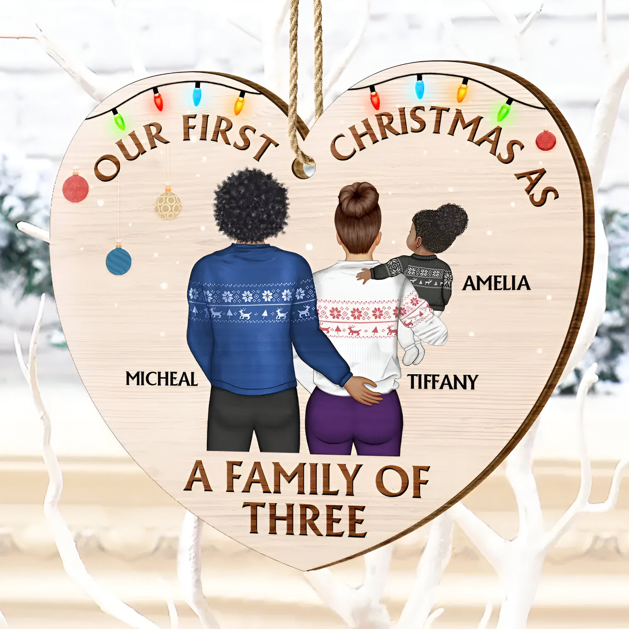 Back Family Our First Christmas As A Family Of Three - Personalized Custom Shaped Wooden Ornament ORN0210