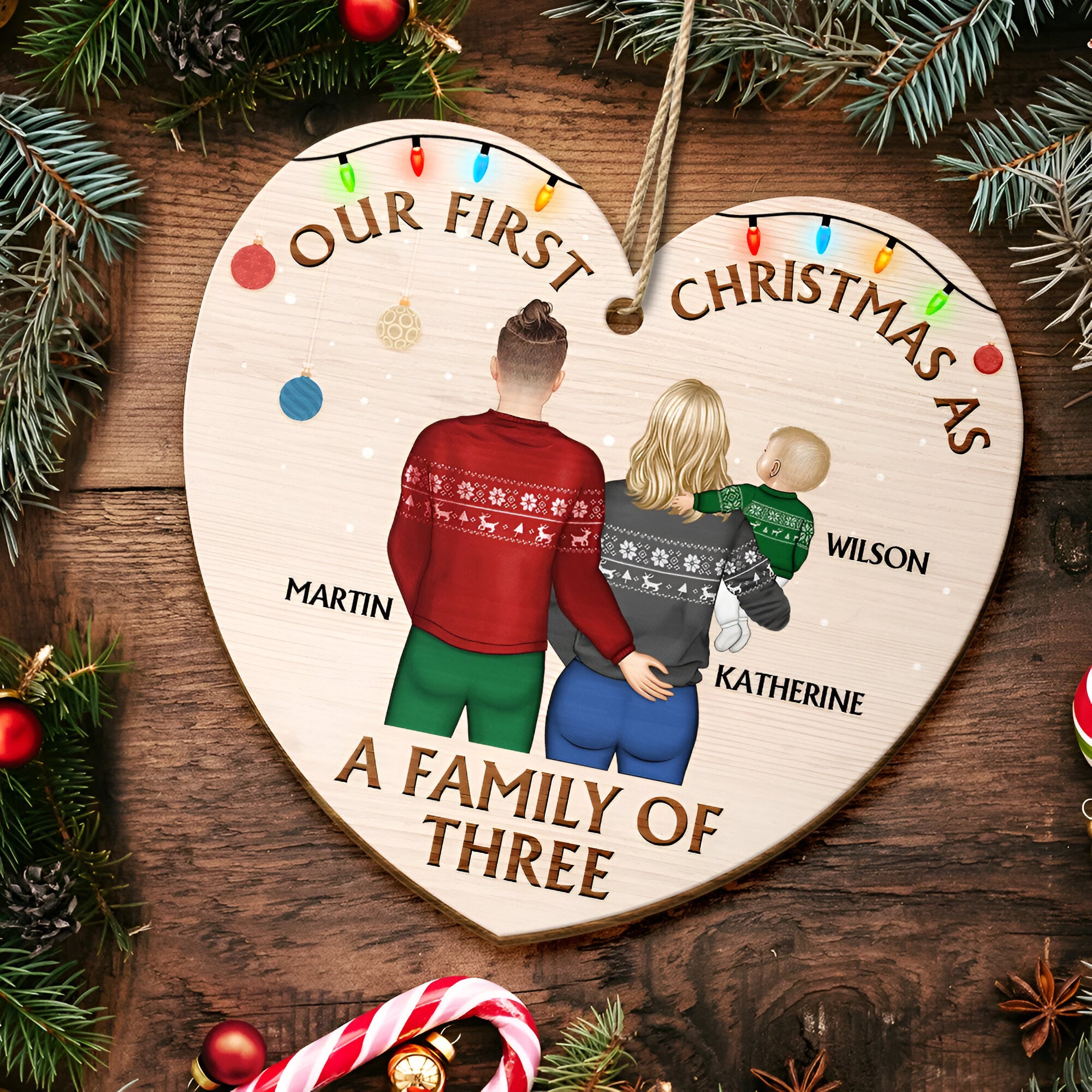 Back Family Our First Christmas As A Family Of Three - Personalized Custom Shaped Wooden Ornament ORN0210