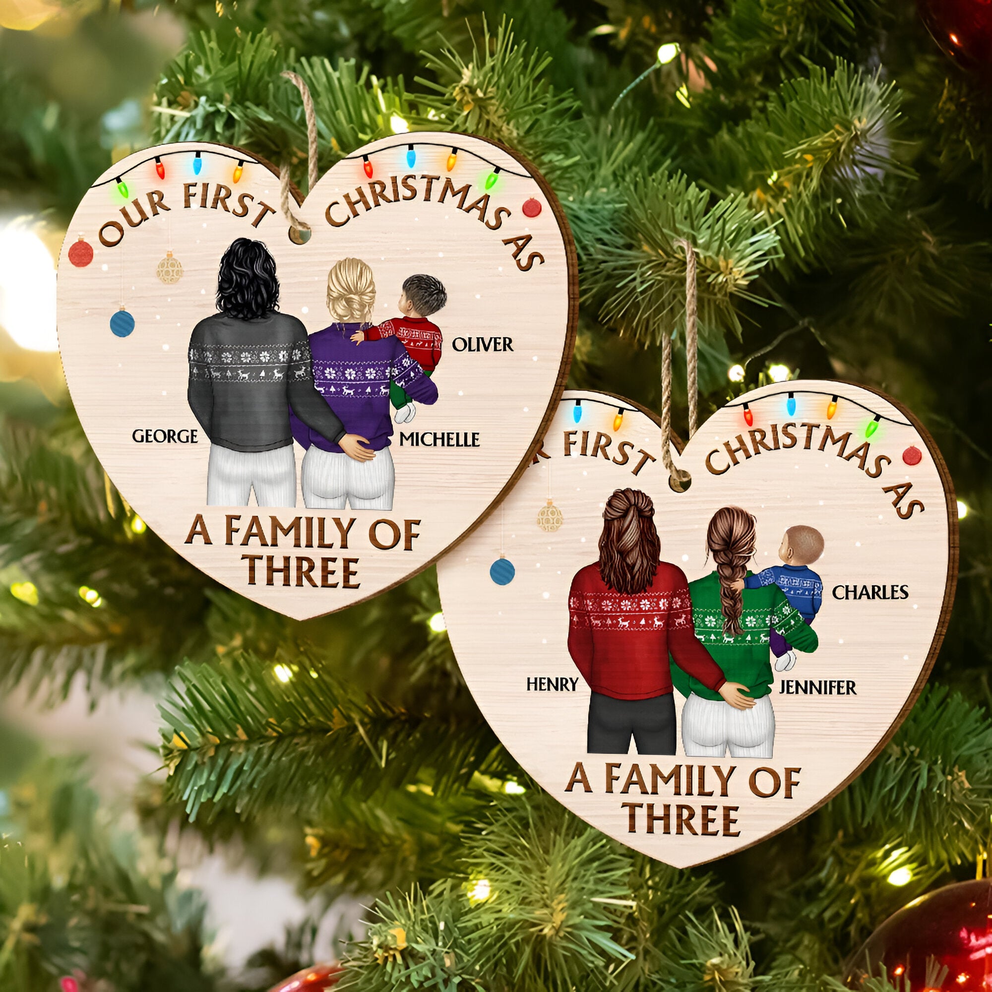 Back Family Our First Christmas As A Family Of Three - Personalized Custom Shaped Wooden Ornament ORN0210