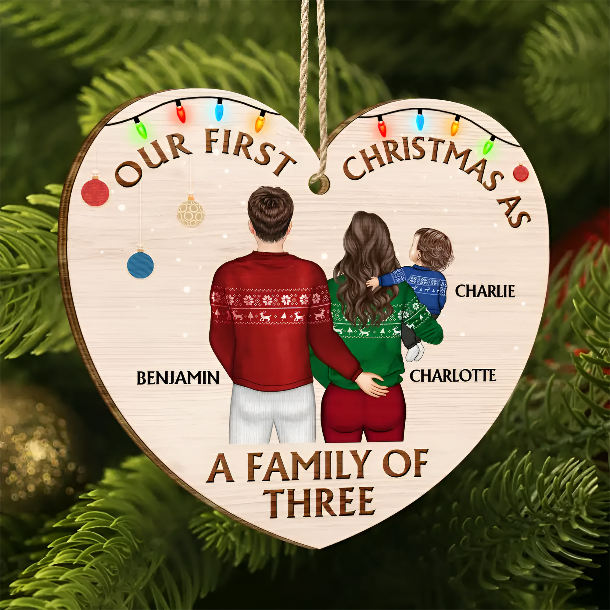 Back Family Our First Christmas As A Family Of Three - Personalized Custom Shaped Wooden Ornament ORN0210