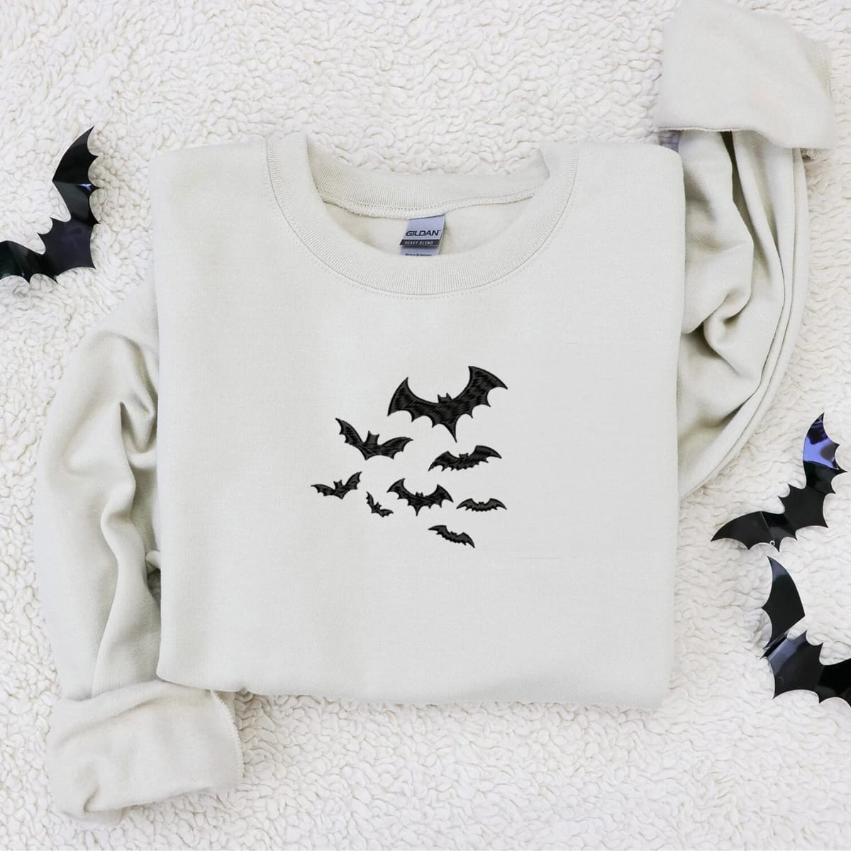 Bats Halloween Crewneck Sweatshirt, Embroidered Bats on Sleeve Hoodie for Men Women EMHA2608