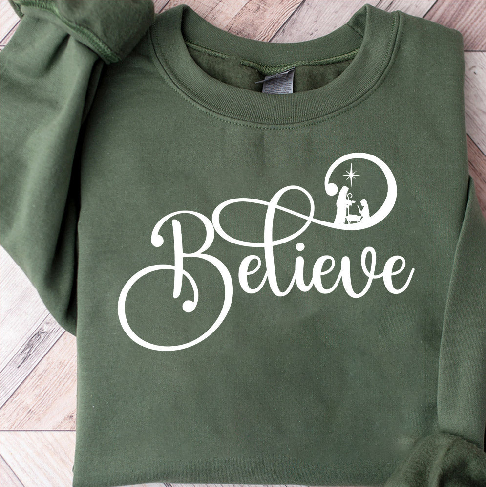 Believe Christmas Shirt, Christian Christmas Sweatshirt, Religious Xmas Gift, Jesus Nativity Scene Sweater,Christian Family Christmas Shirts