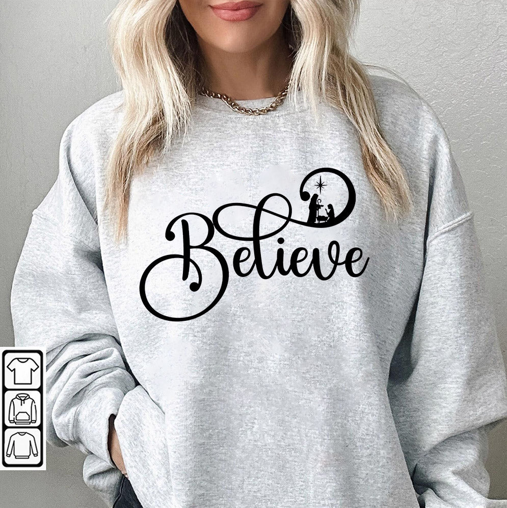 Believe Christmas Shirt, Christian Christmas Sweatshirt, Religious Xmas Gift, Jesus Nativity Scene Sweater,Christian Family Christmas Shirts