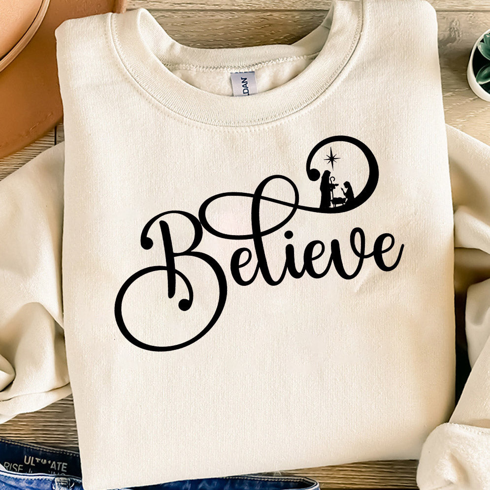 Believe Christmas Shirt, Christian Christmas Sweatshirt, Religious Xmas Gift, Jesus Nativity Scene Sweater,Christian Family Christmas Shirts