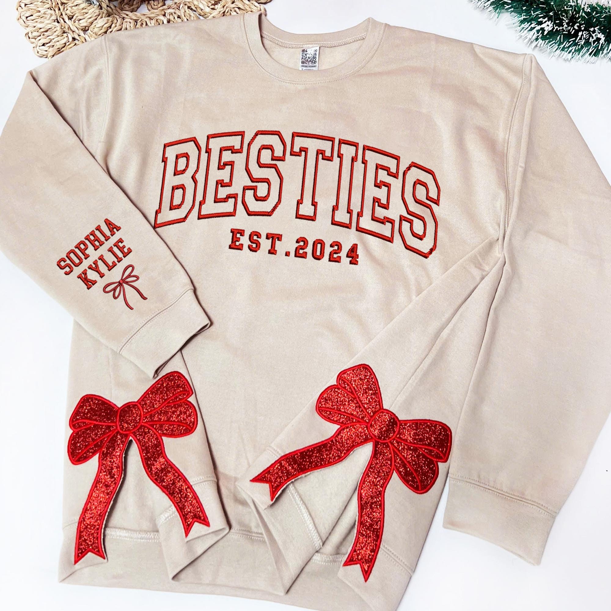 Besties Side Bow Cut-Out Sweatshirt With Glitter, Trendy Coquette Bow, Gifts for Best Friends, Besties, BFFs, Work Besties, Sisters ESIBOW