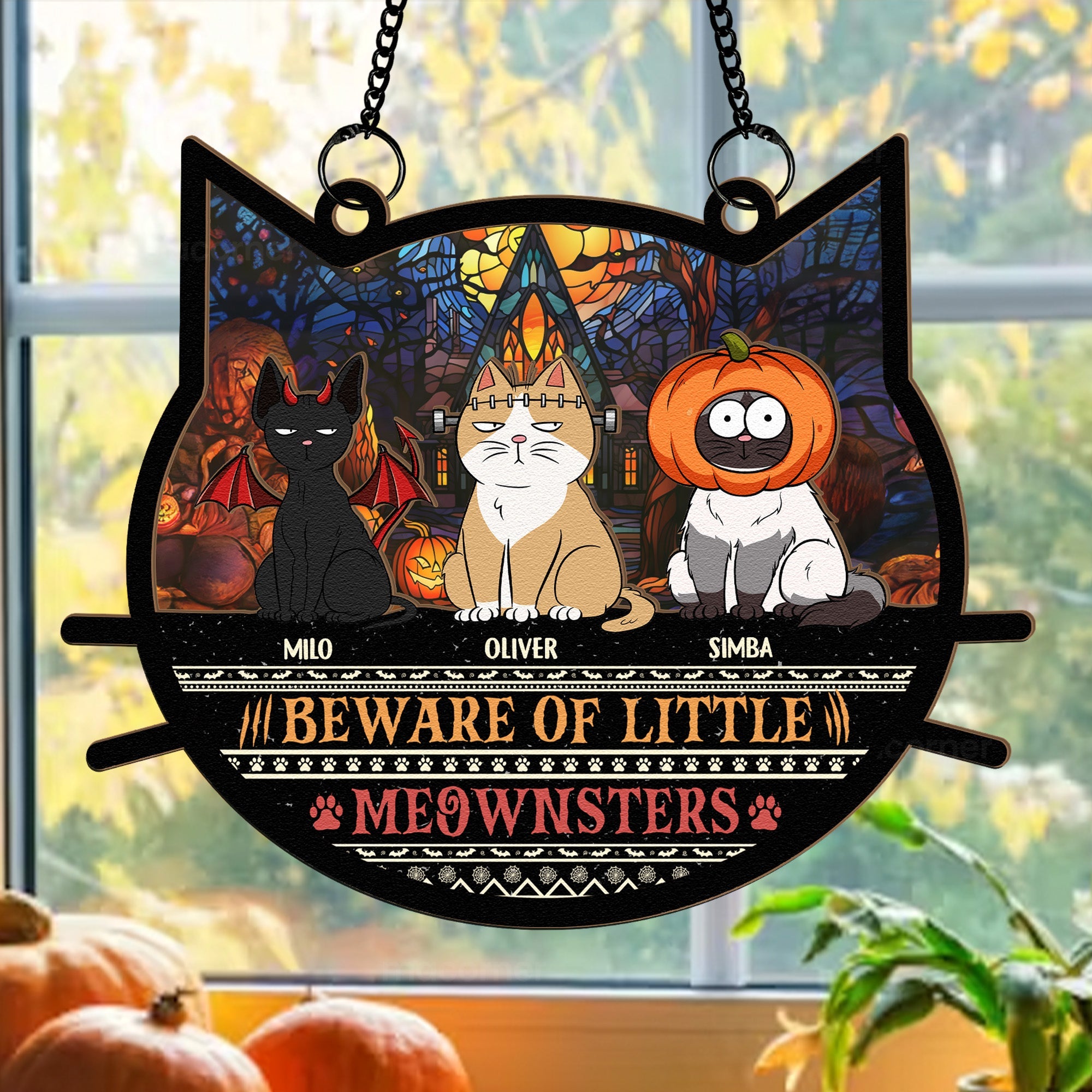 Beware Of Little Meownsters Halloween - Personalized Window Hanging Suncatcher Ornament  ORHA2208