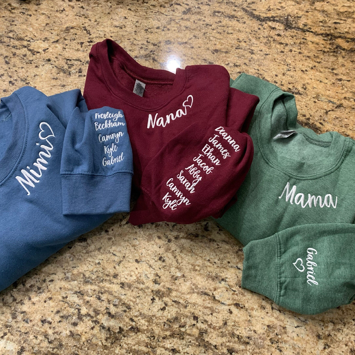 Mama Embroidered Sweatshirt, Custom Momma Sweatshirt Hoodie With Kids Names, Heart On Sleeve em4