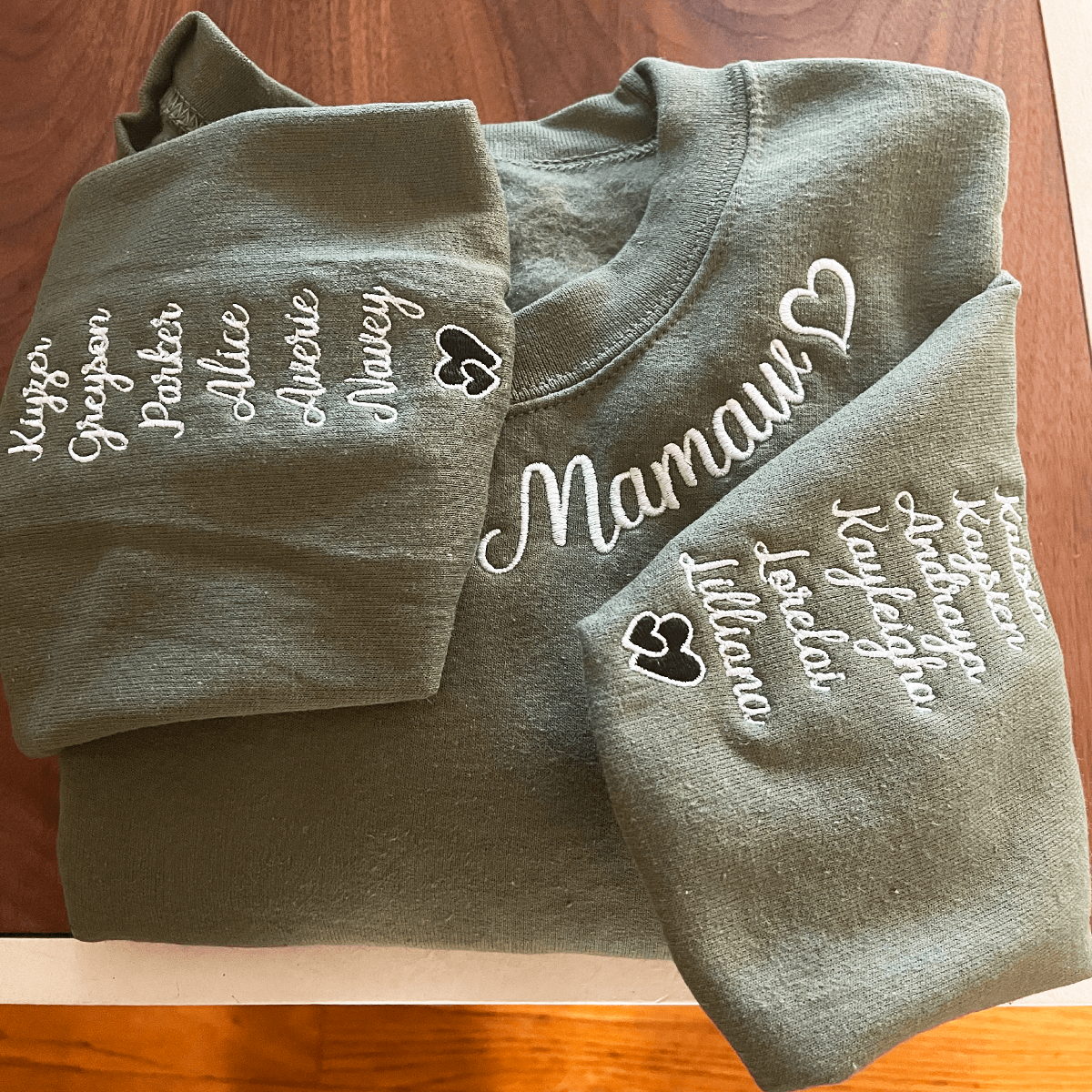 Mama Embroidered Sweatshirt, Custom Momma Sweatshirt Hoodie With Kids Names, Heart On Sleeve em4