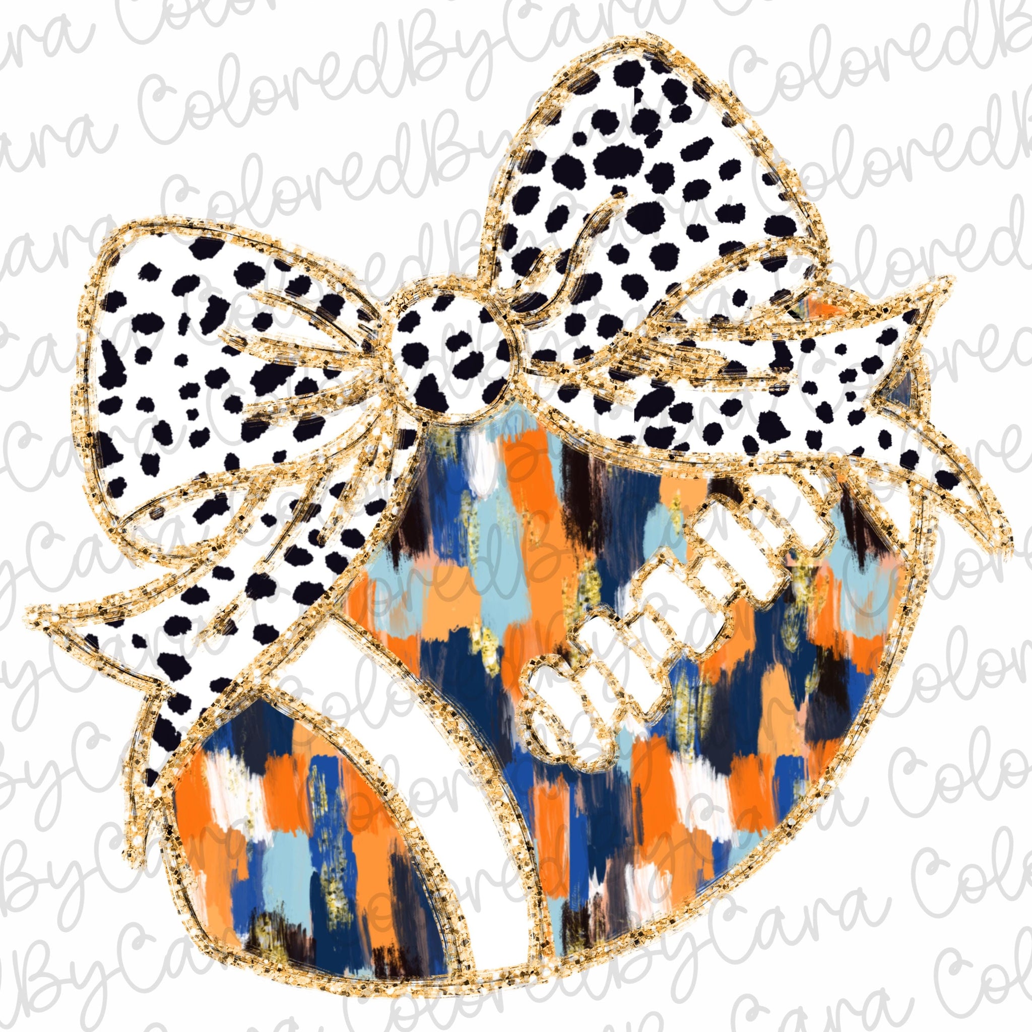 Blue and orange Coquette gold glitter football png girls fall football design dtf girls fall png bow acrylic brushstroke Dalmatian SCU