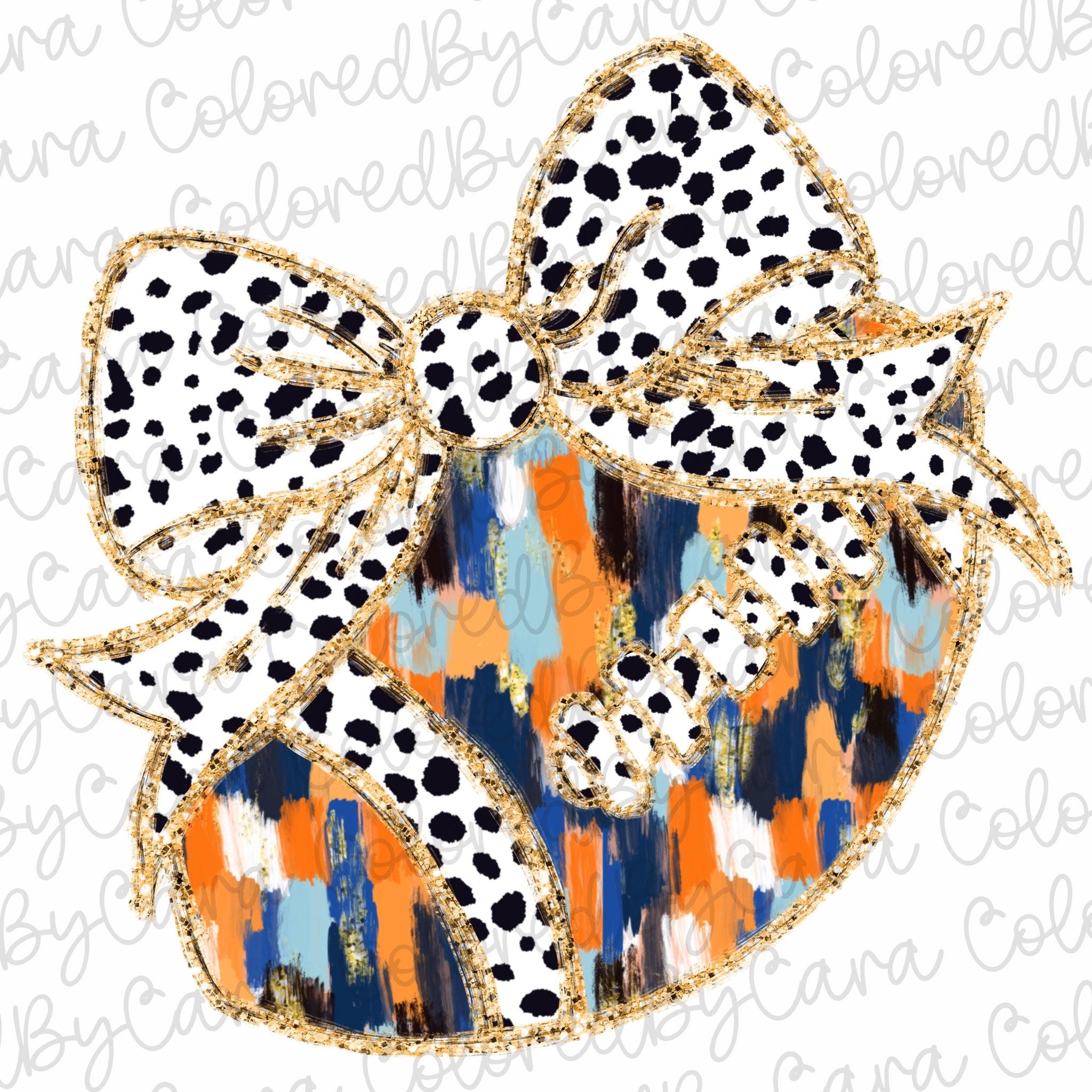 Blue and orange Coquette gold glitter football png girls fall football design dtf girls fall png bow acrylic brushstroke Dalmatian SCU