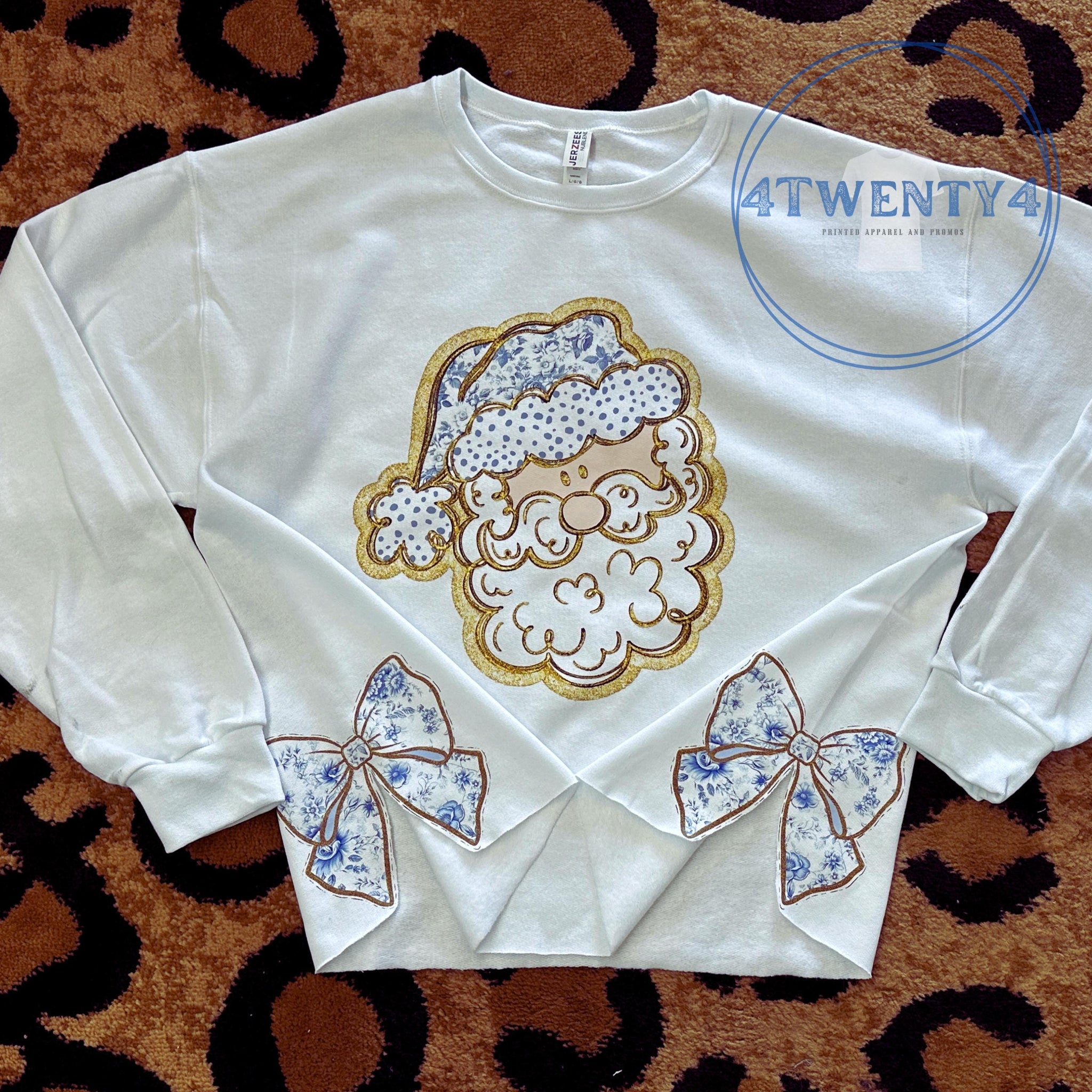 Blue Toile Santa and Side Coquette Bow Sweatshirt ESIBOW