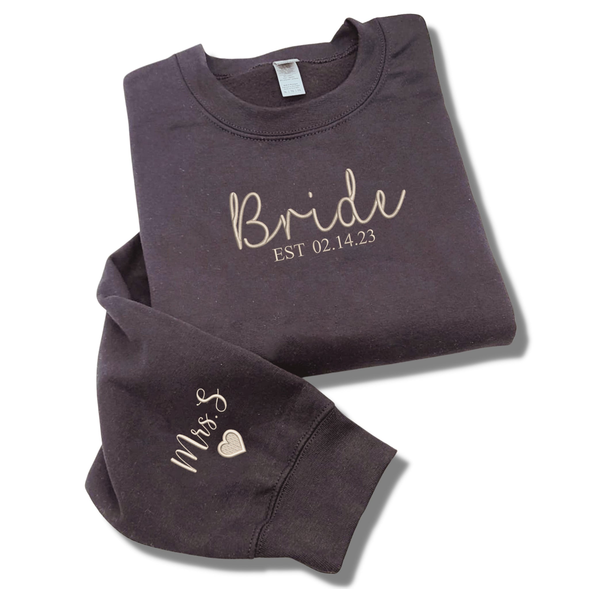 Bride Sweatshirt, Custom Bride Crewneck Est 2024 Embroidered with Initial Heart Sleeve em4