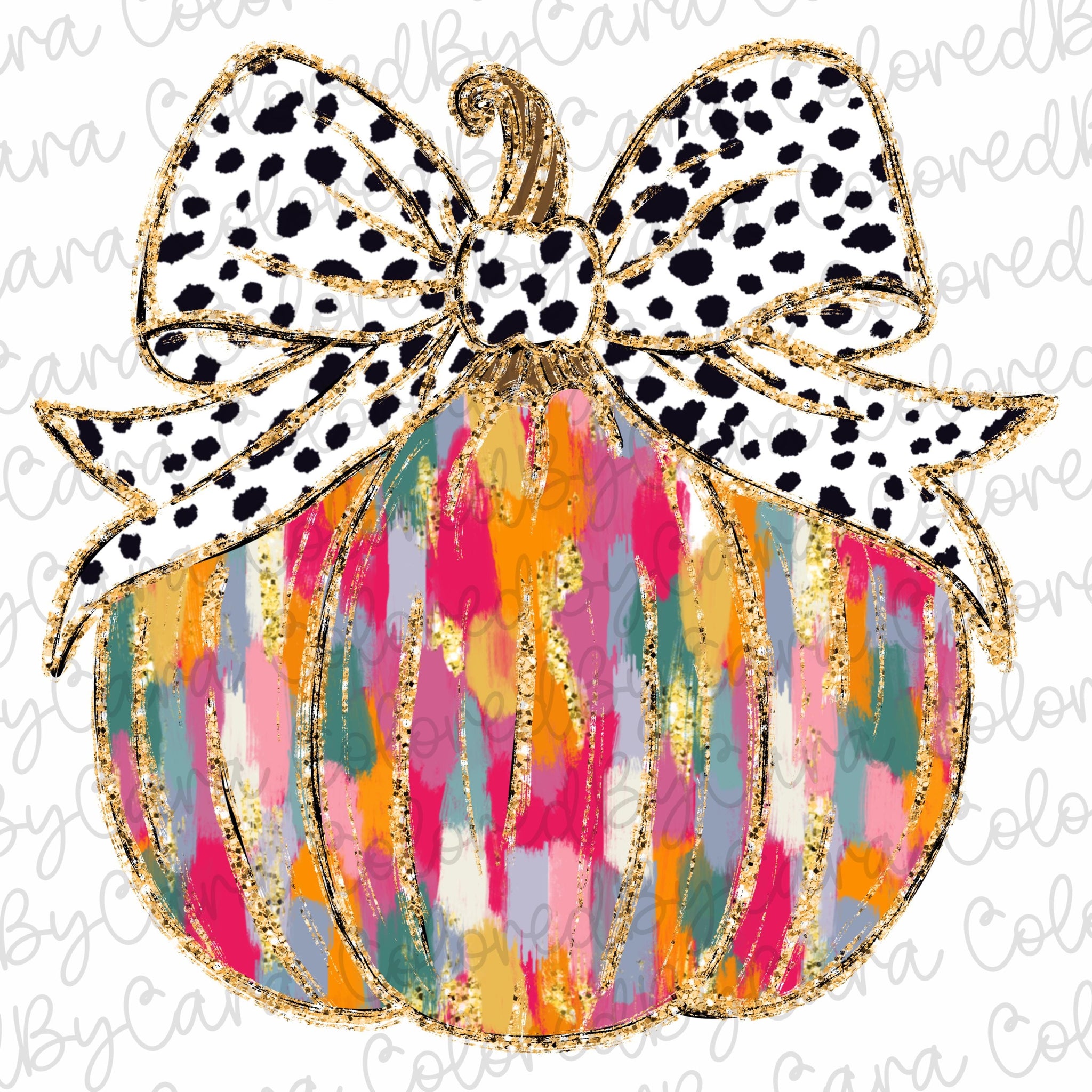 Bright Colorful Coquette gold glitter pumpkin png girls fall pumpkin design dtf Halloween girls fall png kids fall design bow brushstroke SCU