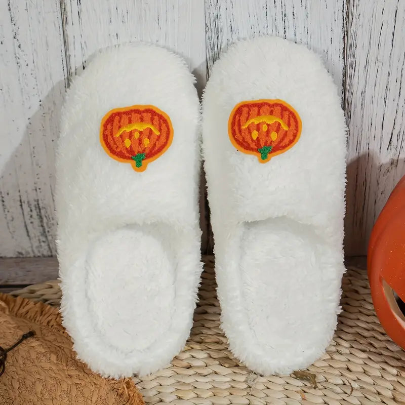 Halloween Pumpkin Fuzzy Slippers, Winter Closed Toe Soft Sole Plush Shoes, Cozy & Warm Home Mute Slippers SL0808 08