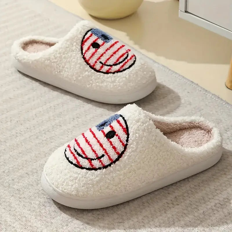 American Flag Cartoon Face Graphic Soft Plush Cozy House Slippers For Men, Lightweight Breathable Anti-skid Slip-on Shoes With Fuzzy Lining For Indoor Walking, Autumn And Winter 
 SL0808 23