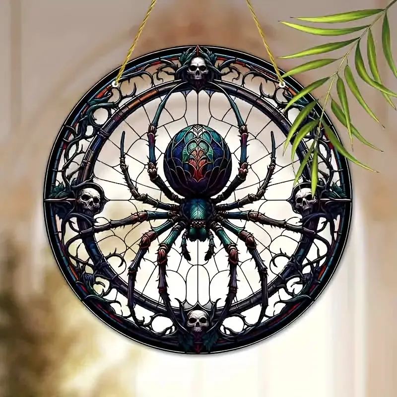 [Halloween] 1pc, Vibrant Spiders and Skeletons Stained Glass Suncatcher - 9''x9'' Halloween Window Hanging Ornament, Gothic Wall Art Decor, Living Room, Garden, Yard, Bedroom Decoration, Holiday Party Gif ORHA2408