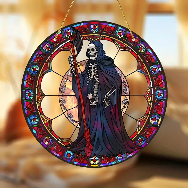 Vintage Grim Reaper Stained Acrylic Suncatcher Pendant - 8in Round Window Hanging Decoration for Home & Garden, Power-Free, Universal Holiday & Birthday Gift, Hanging Ornament with Gothic Theme ORHA2408