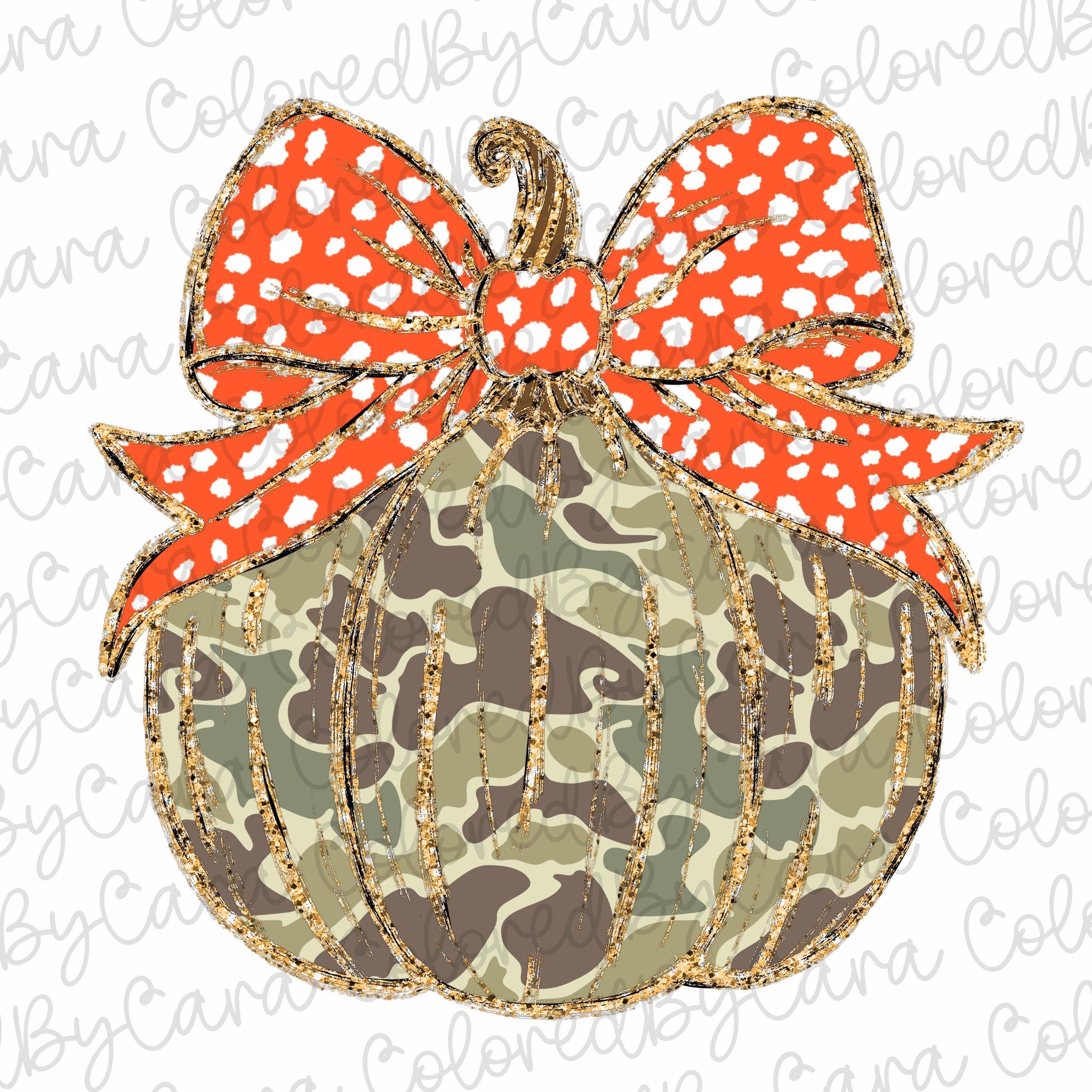 camo Coquette gold glitter pumpkin png girls fall pumpkin design dtf Halloween girls fall png kids fall design bow acrylic brushstroke SCU