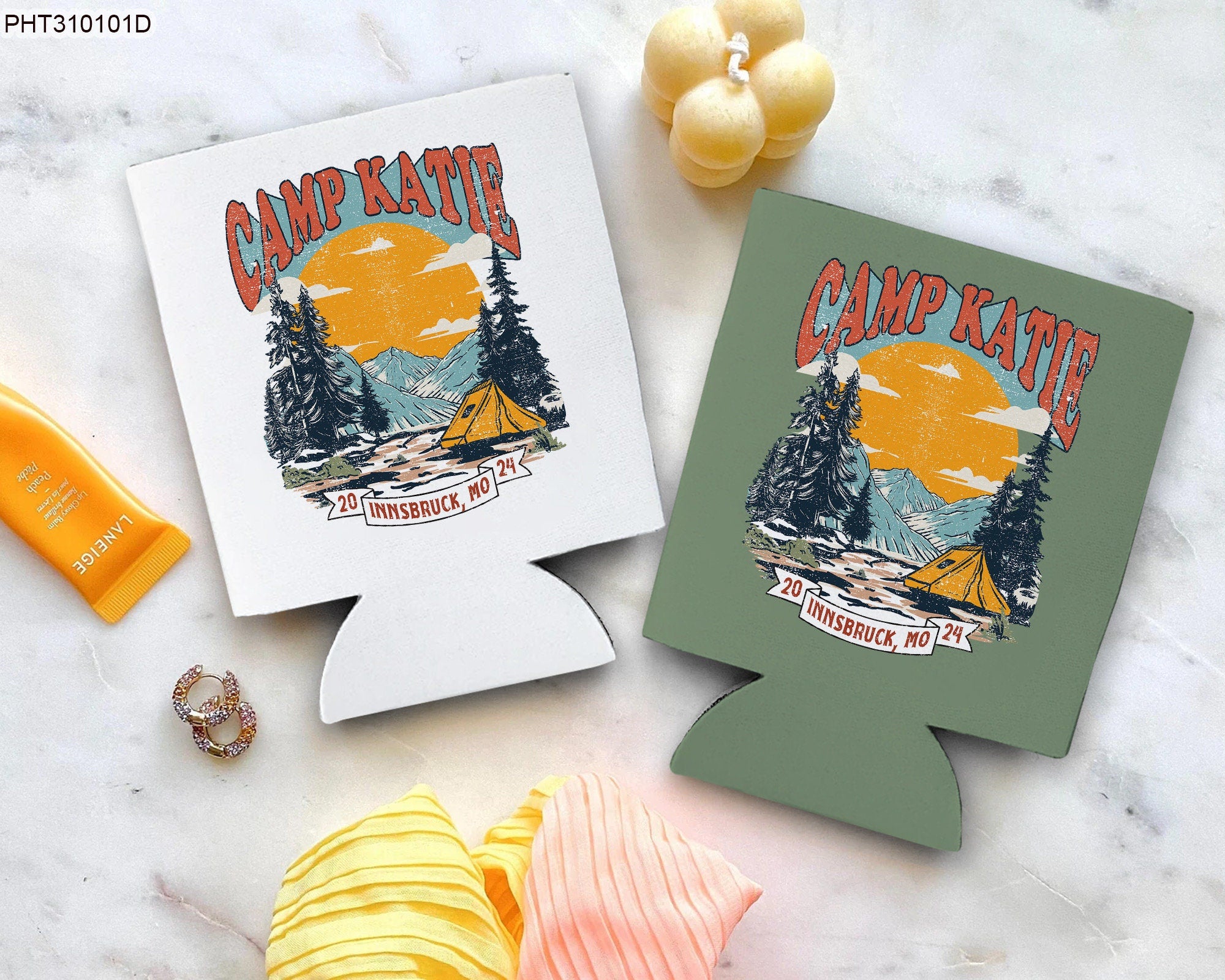 Camping Bachelorette Party Can Coolers, Camp Bachelorette Can Coolers, Custom Camp Bachelorette Can Cooler, Retro Camp Bach Theme Decoration SCU