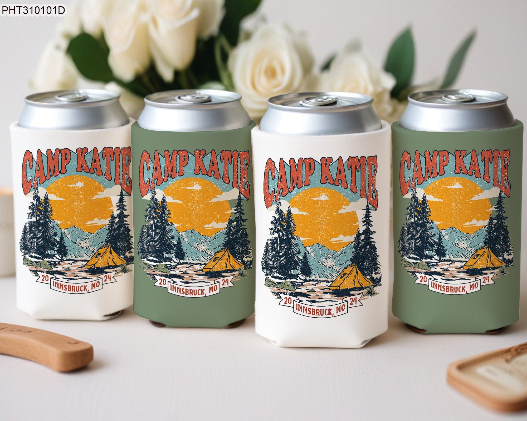 Camping Bachelorette Party Can Coolers, Camp Bachelorette Can Coolers, Custom Camp Bachelorette Can Cooler, Retro Camp Bach Theme Decoration SCU