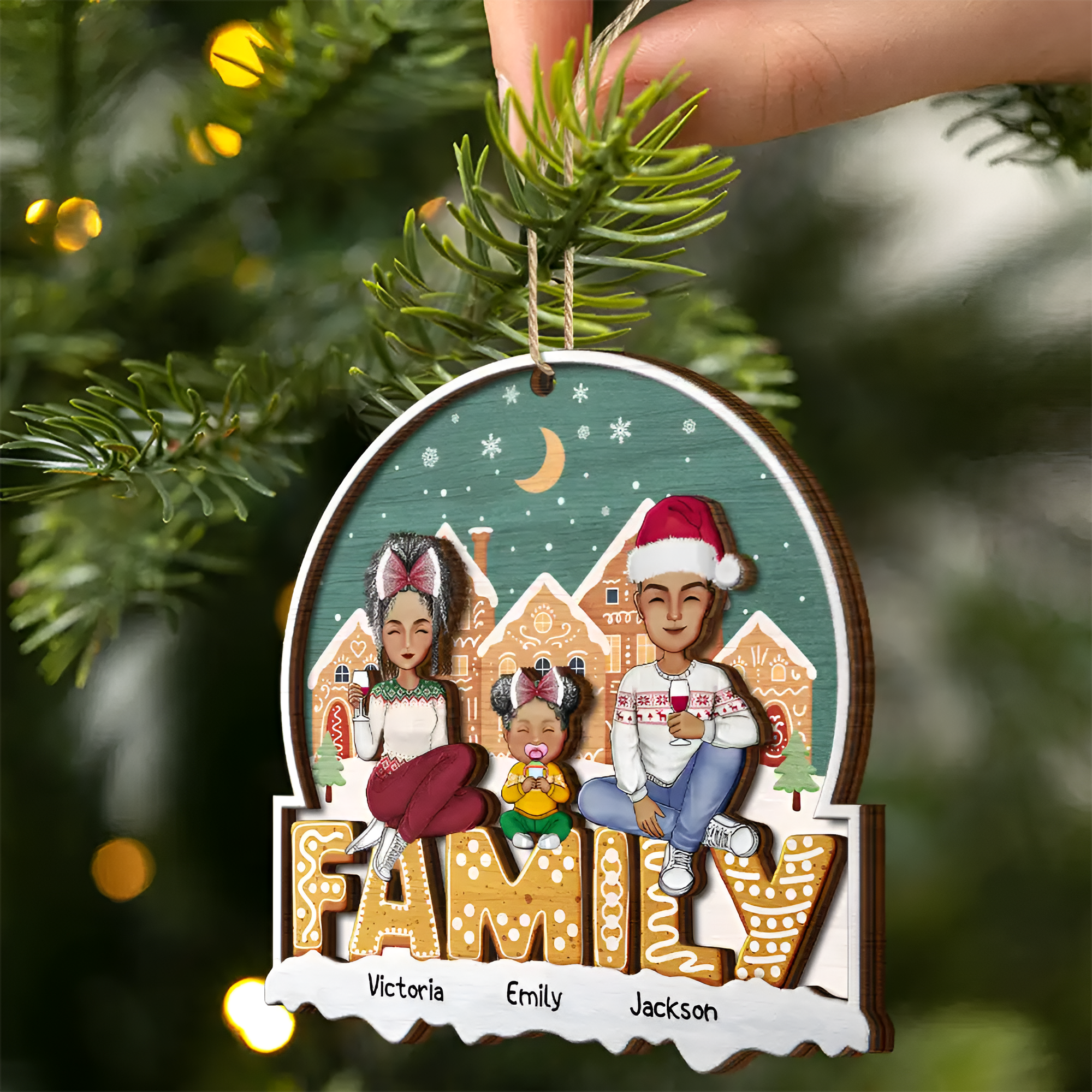 Cartoon Family And Pet Gingerbread Cookies - Personalized 2-Layered Wooden Ornament ORN0210